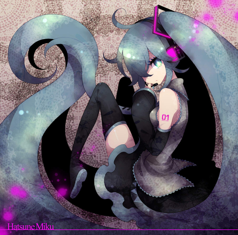 ebira (ruvie), hatsune miku, vocaloid, 1girl, ahoge, aqua eyes, aqua hair, detached sleeves, ebira (piapro), female focus, hair over one eye, headphones, headset, long hair, necktie, skirt, solo, thighhighs, twintails, very long hair, zettai ryouiki