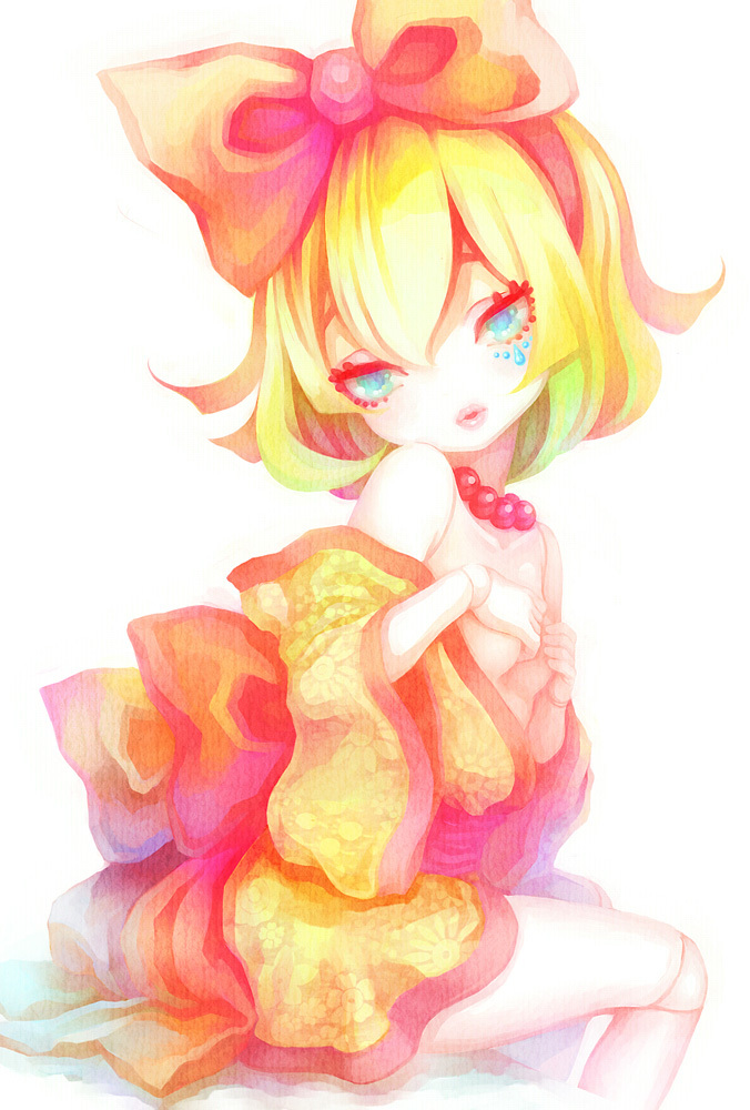 ebira (ruvie), kagamine rin, vocaloid, bare shoulders, blonde hair, blue eyes, doll, doll joints, ebira (piapro), hair ribbon, japanese clothes, joints, kimono, ribbon, short hair, sitting, solo