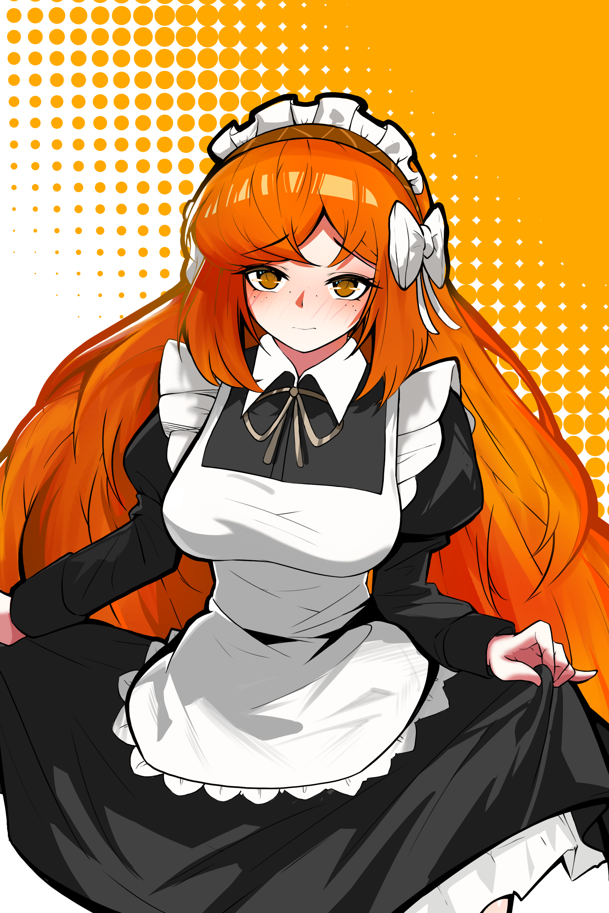 ayamiya, ishmael (project moon), limbus company, project moon, absurdres, highres, 1girl, apron, blush, brown hairband, brown ribbon, closed mouth, freckles, hairband, juliet sleeves, long hair, long sleeves, looking at viewer, maid, maid apron, maid headdress, neck ribbon, orange eyes, orange hair, puffy sleeves, ribbon, smile, solo, very long hair, white apron, wuthering heights (identity) (project moon)