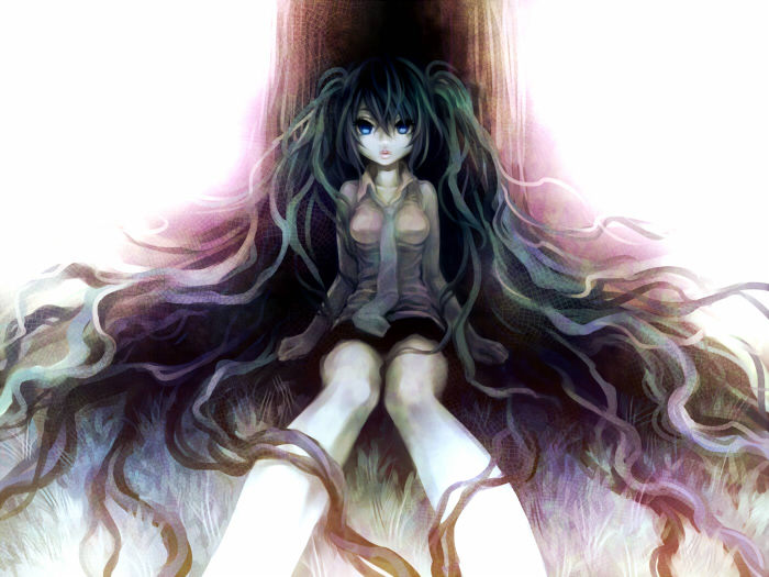 ebira (ruvie), hatsune miku, vocaloid, 1girl, aqua hair, blue eyes, ebira (piapro), female focus, long hair, nature, necktie, outdoors, skirt, solo, twintails, very long hair