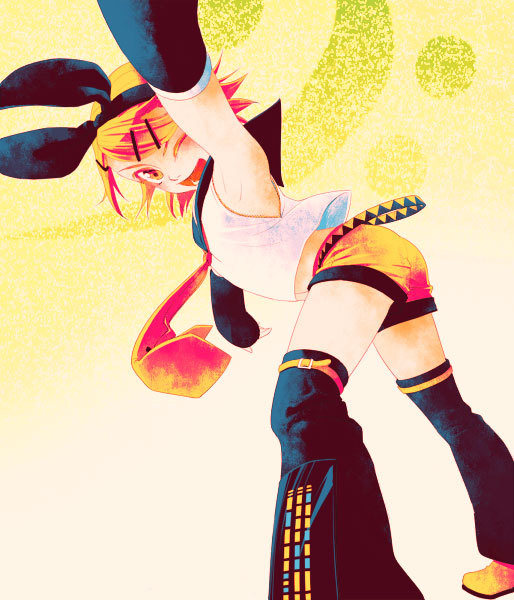 umedu, kagamine rin, vocaloid, bad id, bad piapro id, 1girl, ass, blonde hair, female focus, gradient background, hair ornament, hair ribbon, hairclip, midriff, one eye closed, orange eyes, ribbon, short hair, shorts, smile, solo, wink