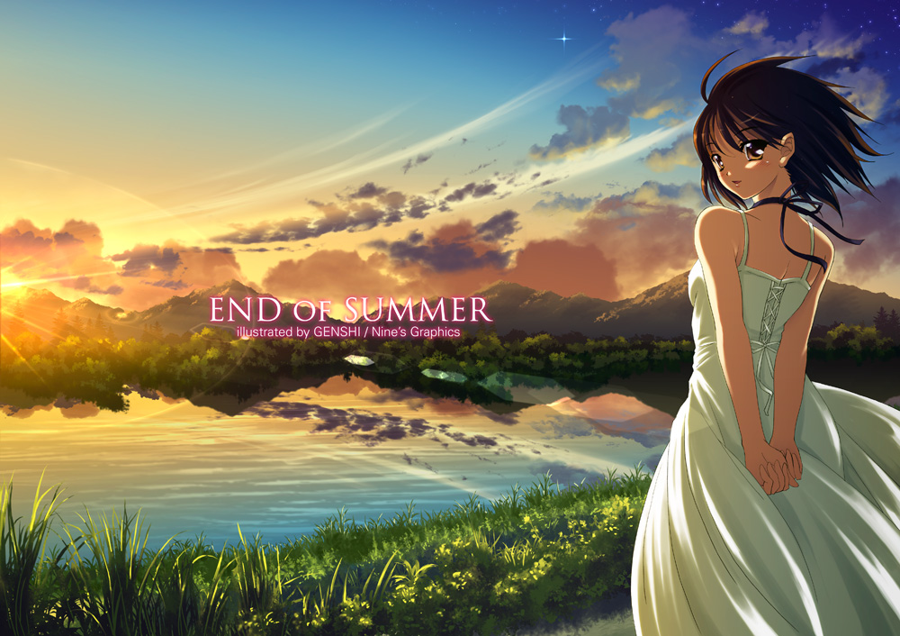 genshi, original, 1girl, arms behind back, back, bare shoulders, cloud, dress, female focus, lake, landscape, lens flare, looking back, nature, sky, solo, sunset