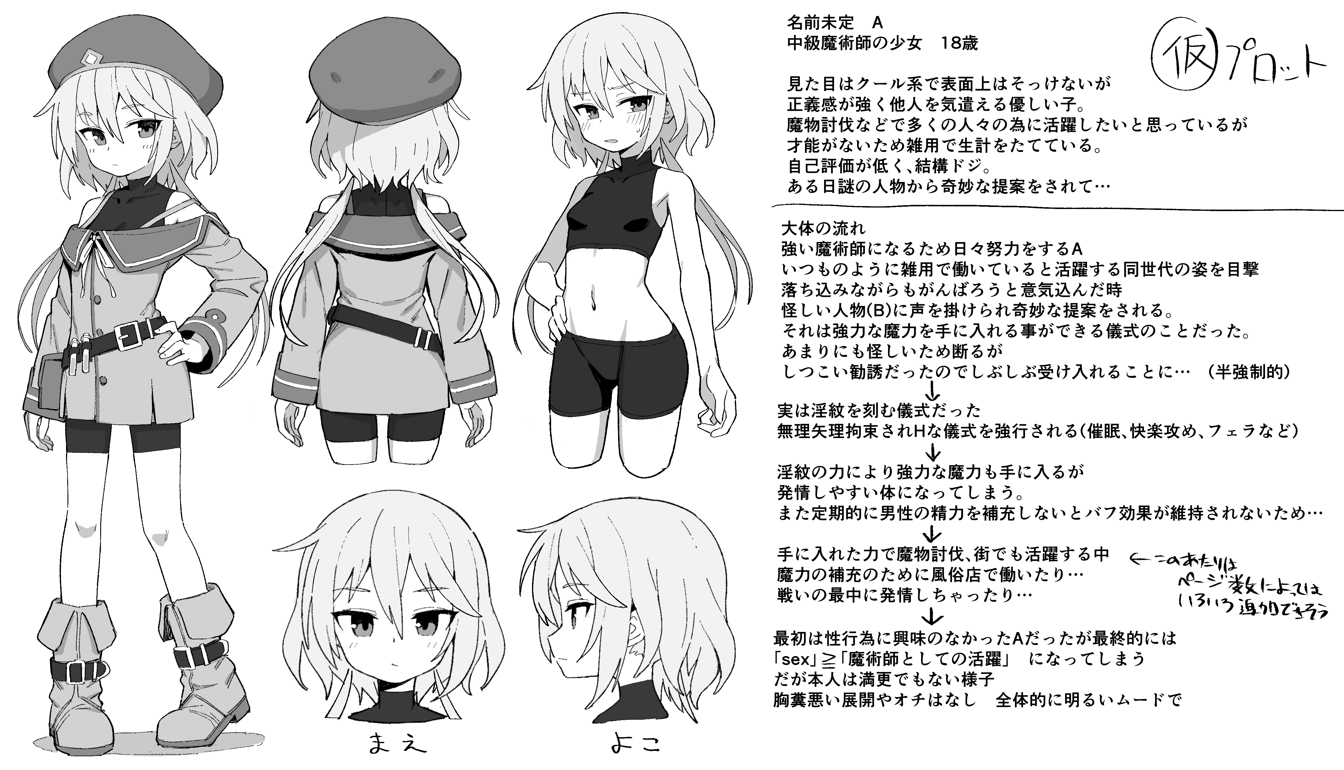 wagashi (dagashiya), original, absurdres, commentary request, concept art, highres, translation request, 1girl, bare shoulders, bike shorts, blush, boots, breasts, expressionless, full body, greyscale, hat, jacket, long hair, low twintails, monochrome, multiple views, off-shoulder jacket, off shoulder, profile, small breasts, sports bra, twintails