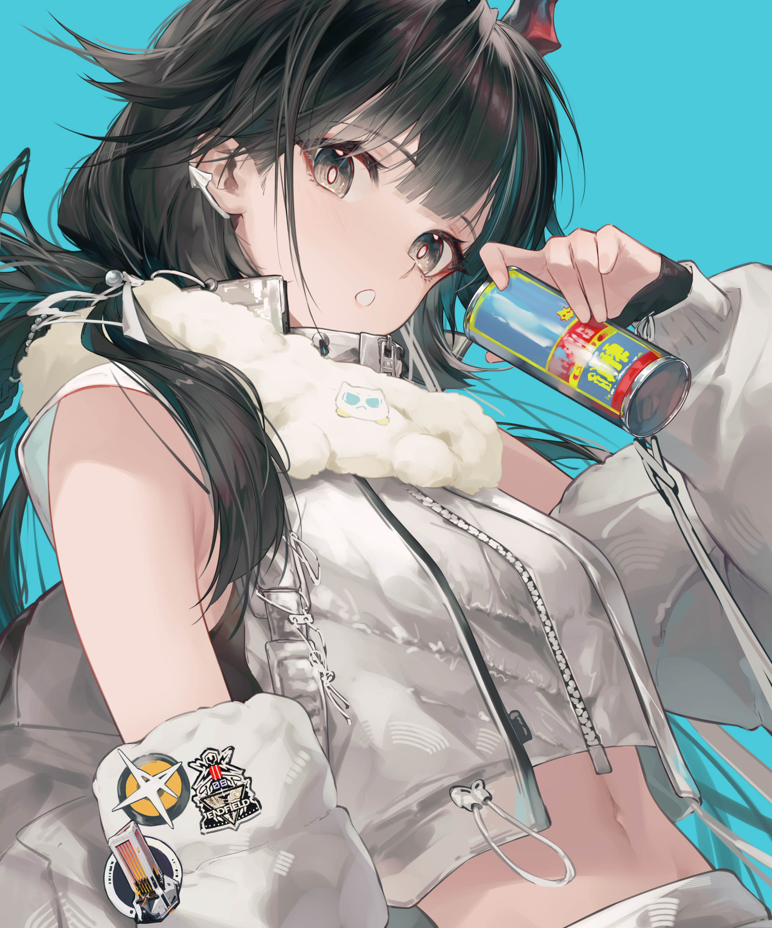 jiusan naitang, chen qianyu (arknights), arknights, arknights: endfield, absurdres, commentary request, highres, 1girl, alternate costume, aqua background, black hair, can, detached sleeves, dragon girl, dragon horns, grey eyes, holding, holding can, horns, light blush, long hair, long sleeves, looking at viewer, midriff, navel, open mouth, simple background, solo, stomach, upper body