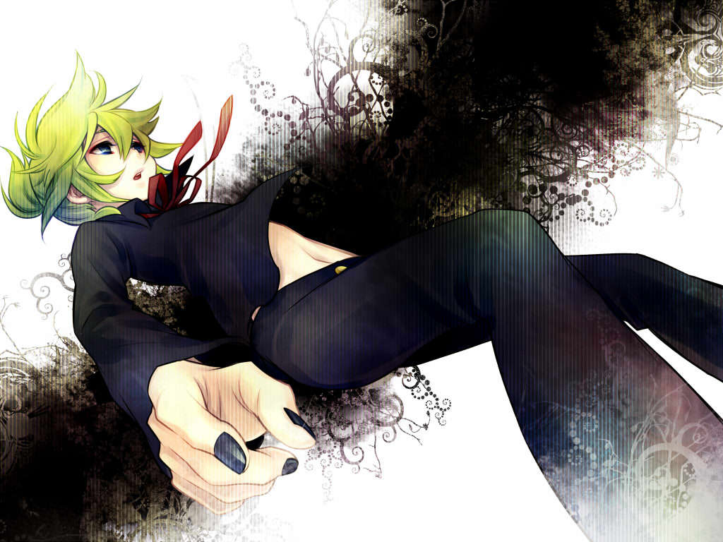 ebira (ruvie), kagamine len, vocaloid, 1boy, aqua eyes, blonde hair, ebira (piapro), eyeshadow, falling, makeup, male focus, nail polish, navel, ribbon, short hair, solo