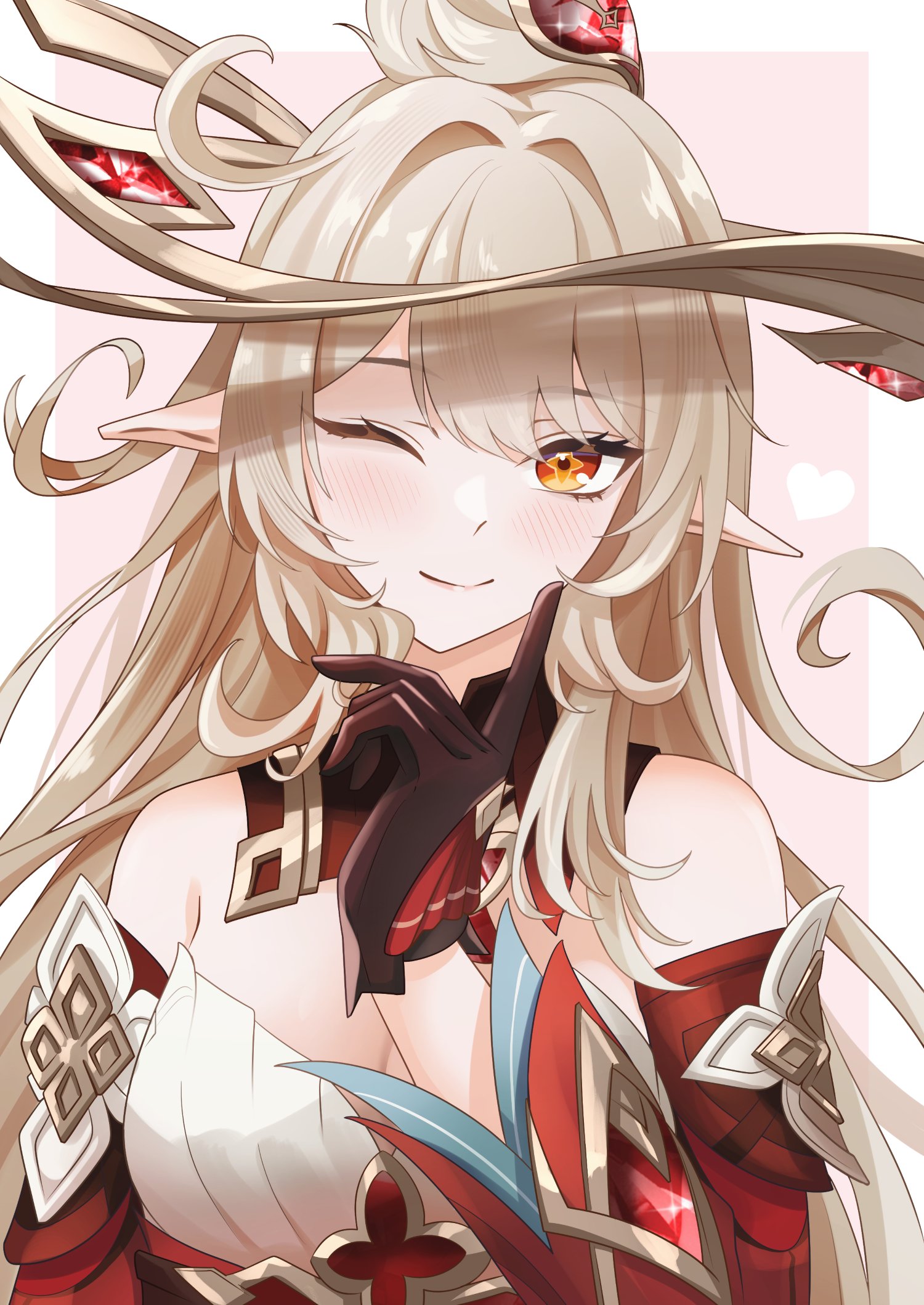 mon-chan, alice (genshin impact), genshin impact, highres, 1girl, bare shoulders, black gloves, blonde hair, closed mouth, detached sleeves, dress, gloves, hand up, index finger raised, long hair, long sleeves, looking at viewer, orange eyes, pink background, pointy ears, smile, solo, two-tone background, upper body, white background