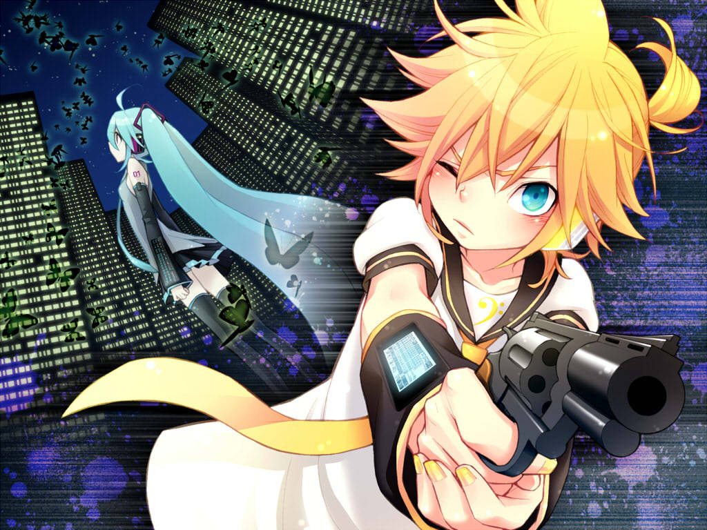ebira (ruvie), hatsune miku, kagamine len, vocaloid, 1boy, 1girl, ahoge, aqua eyes, aqua hair, bass clef, blonde hair, bug, butterfly, detached sleeves, ebira (piapro), finger on trigger, gun, handgun, headphones, holding, holding gun, holding weapon, long hair, necktie, one eye closed, revolver, short hair, skirt, thighhighs, twintails, very long hair, weapon, zettai ryouiki