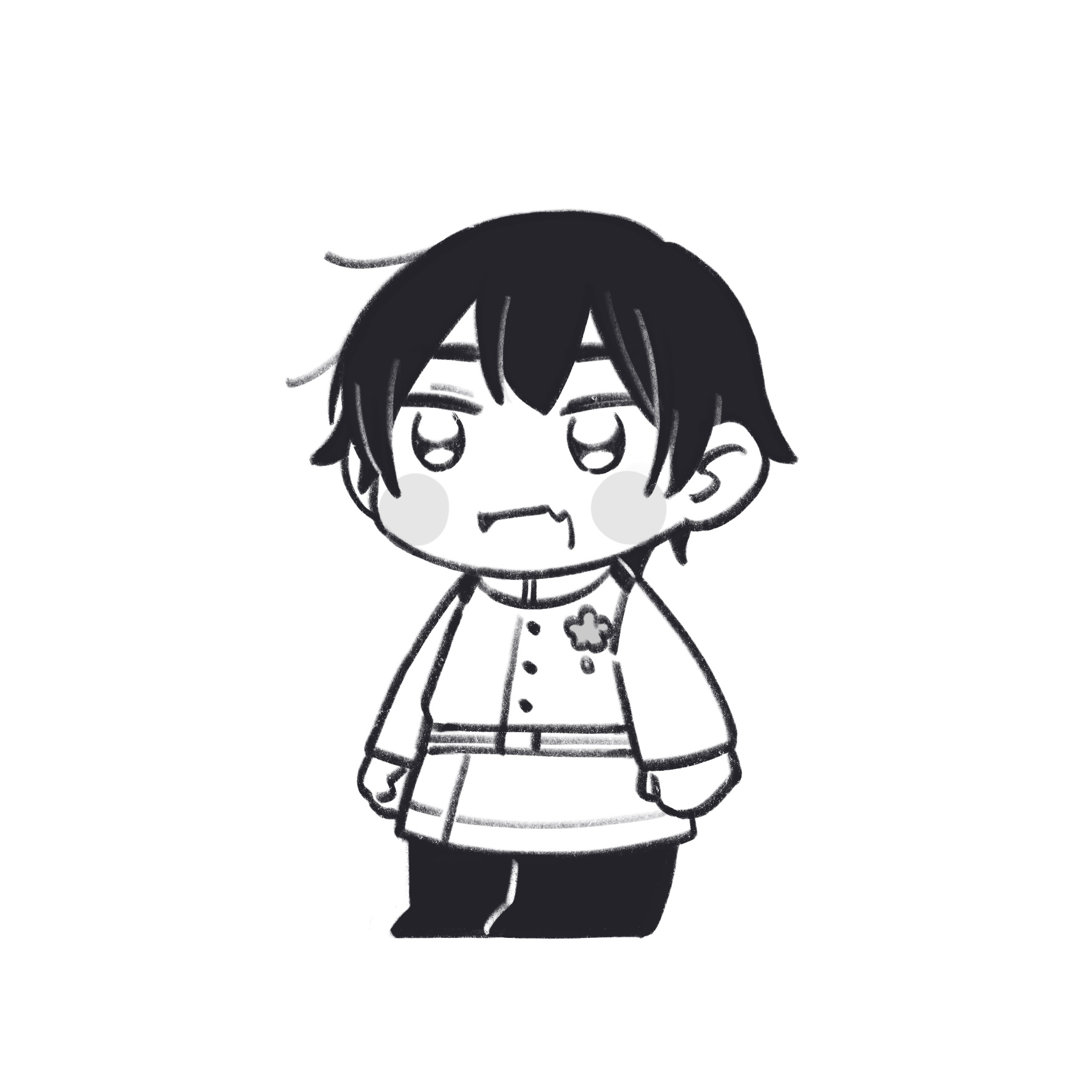 mi aph to, malaysia (hetalia), axis powers hetalia, highres, 1boy, belt, blush stickers, buttons, chibi, chibi only, fang, flower ornament, full body, greyscale, hair between eyes, jacket, long sleeves, looking afar, male focus, military, military jacket, military uniform, monochrome, open mouth, pants, shoes, short hair, simple background, skin fang, smile, solo, standing