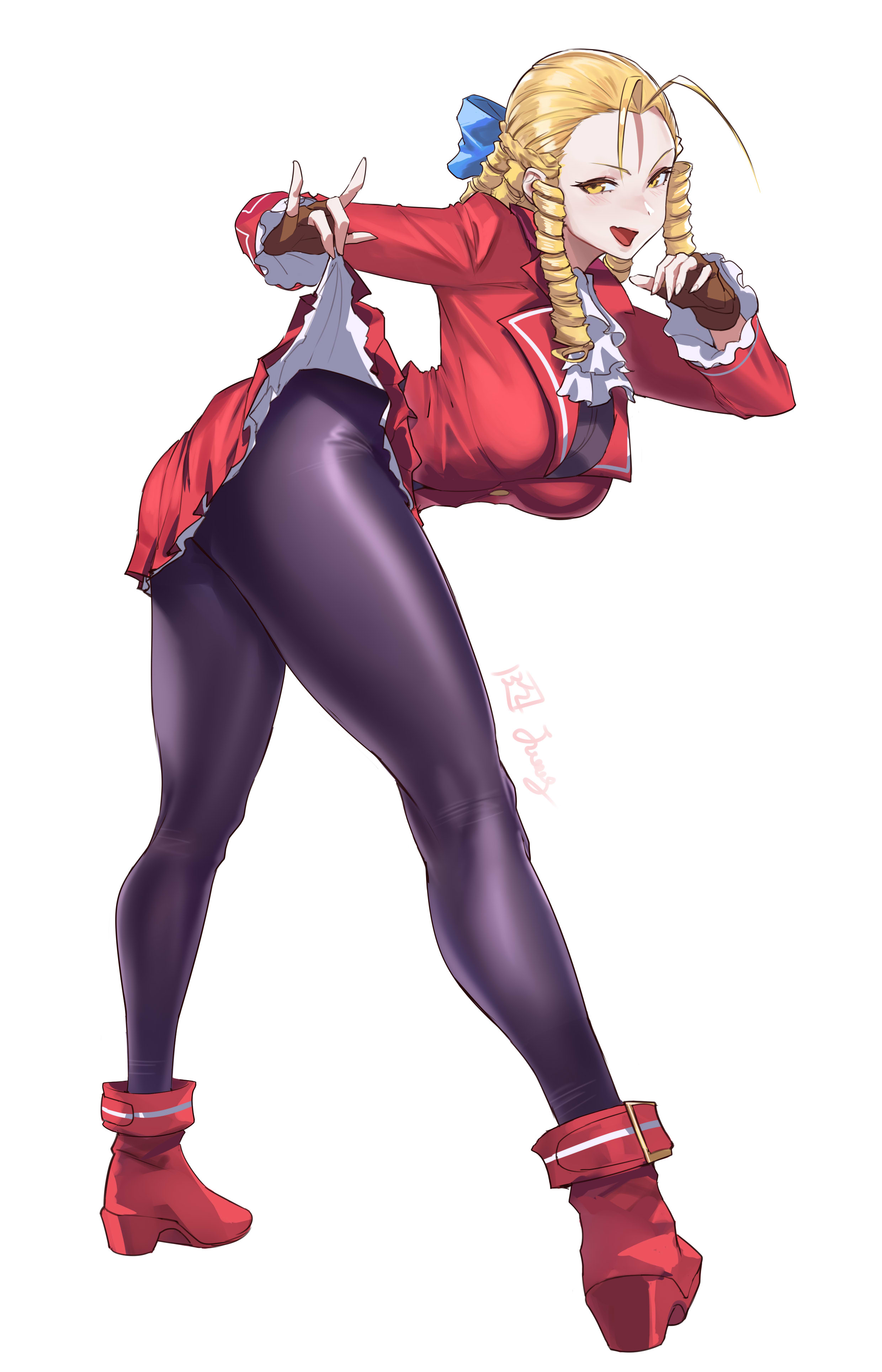 juaag acgy, kanzuki karin, street fighter, street fighter v, absurdres, commentary request, highres, 1girl, ascot, bent over, black pantyhose, blazer, blonde hair, breasts, brown gloves, clothes lift, full body, gloves, jacket, large breasts, layered ascot, legs, long hair, looking at viewer, multiple drills, open mouth, pantyhose, red jacket, red shoes, red skirt, school uniform, shoes, simple background, skirt, skirt lift, smile, solo, standing, white ascot, white background, yellow eyes