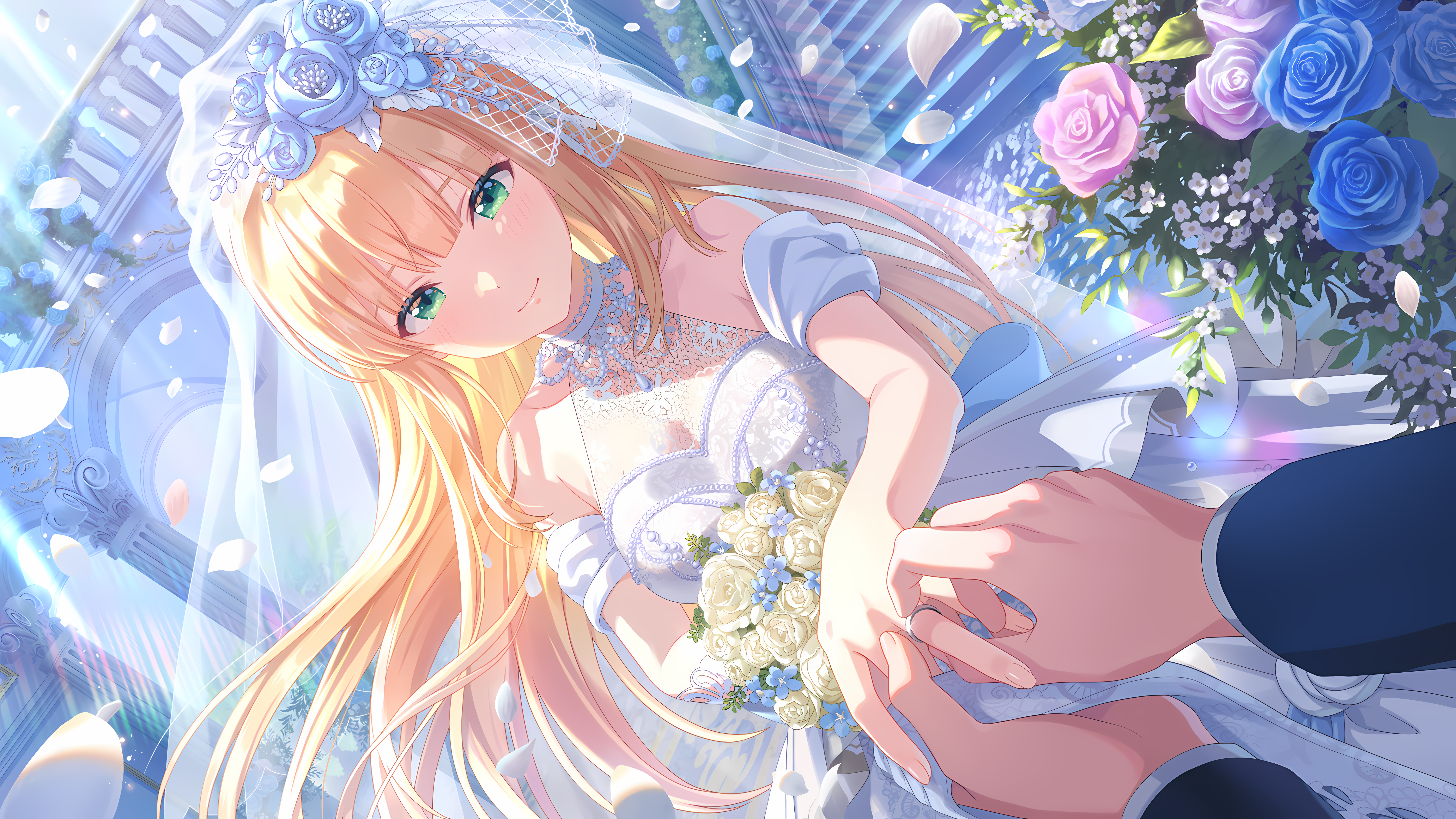 ichinose rei, idoly pride, absurdres, highres, non-web source, 1girl, 1other, blonde hair, bridal veil, dress, flower, green eyes, headpiece, jewelry, ring, rose, smile, veil, wedding dress, wedding ring