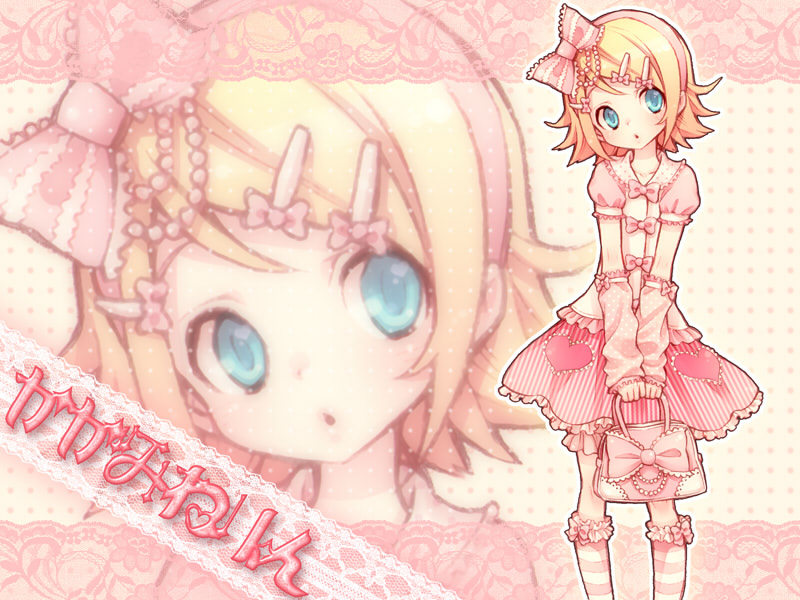ebira (ruvie), kagamine rin, rock'n rouge (vocaloid), vocaloid, 1girl, aqua eyes, arm warmers, bag, blonde hair, ebira (piapro), fashion, female focus, frills, hair ornament, hair ribbon, hairclip, lolita fashion, ribbon, short hair, skirt, socks, solo, striped clothes, striped socks, sweet lolita