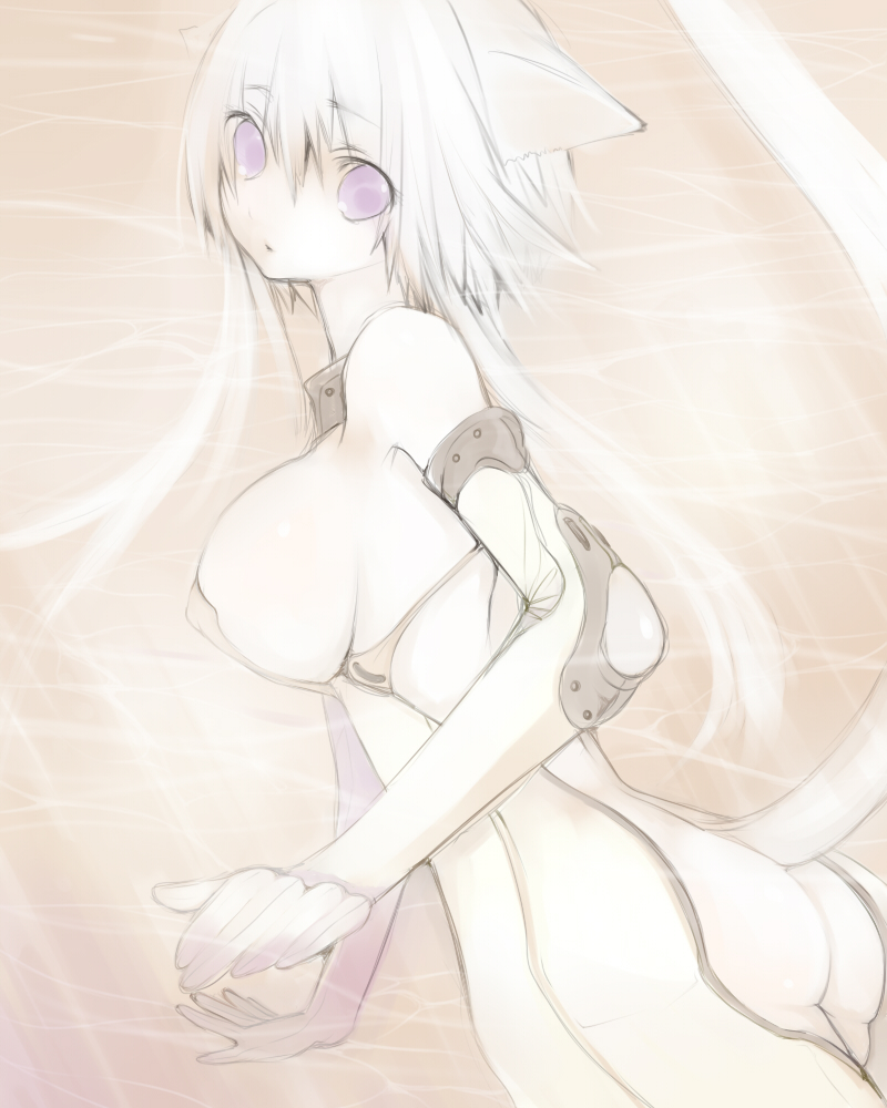 saibashi, original, 1girl, animal ears, ass, bodysuit, breasts, female focus, huge breasts, short hair, sideboob, solo, tail, white hair