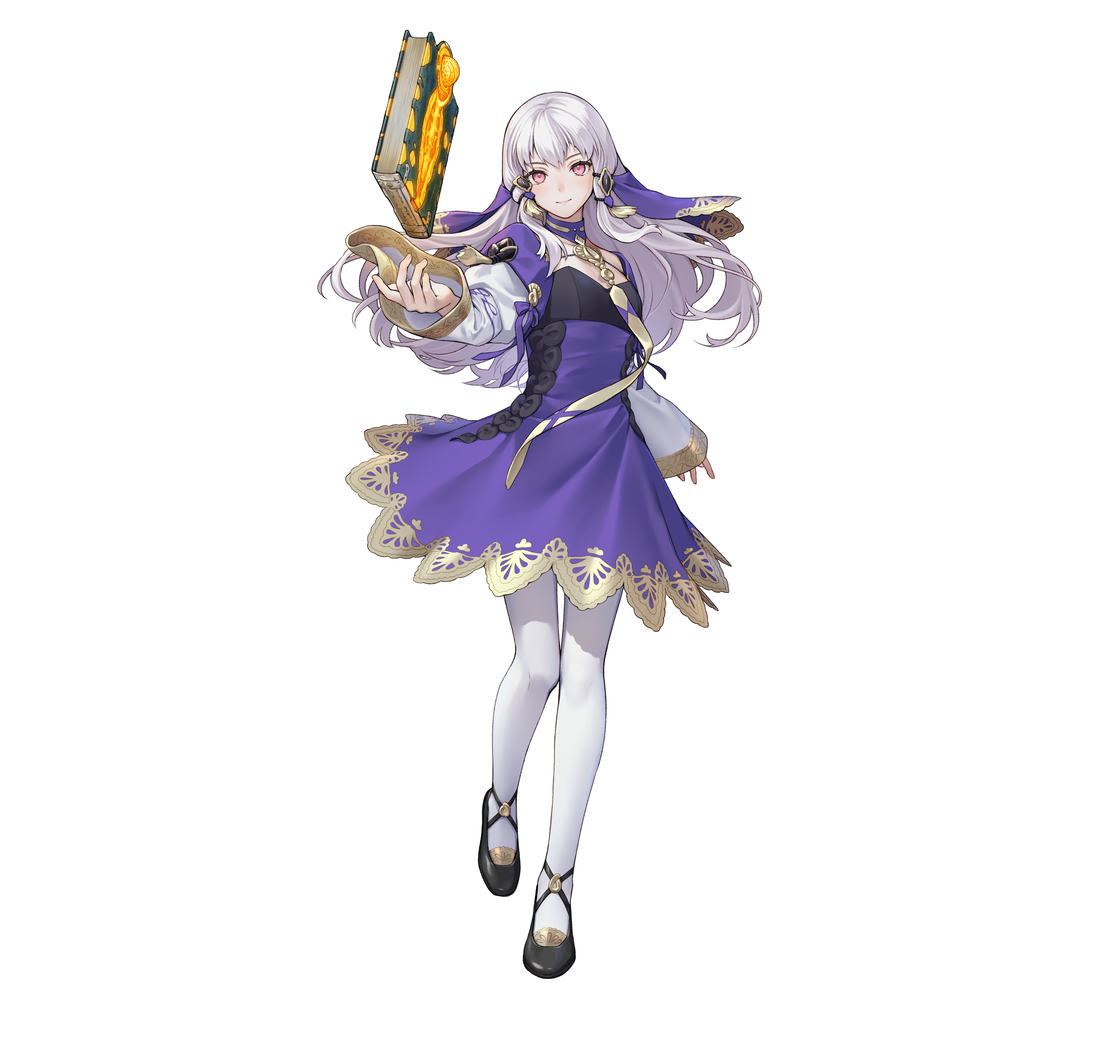 ne-on, lysithea von ordelia, lysithea von ordelia (timeskip), fire emblem, fire emblem: three houses, fire emblem heroes, nintendo, absurdres, highres, official art, 1girl, book, breasts, brooch, dress, flat chest, floating, floating book, floating object, gold trim, high heels, jewelry, lace, lace-trimmed dress, lace trim, long hair, long sleeves, looking at viewer, object floating above hand, official alternate costume, pantyhose, pumps, purple dress, red eyes, small breasts, tachi-e, veil, white background, white hair, white pantyhose