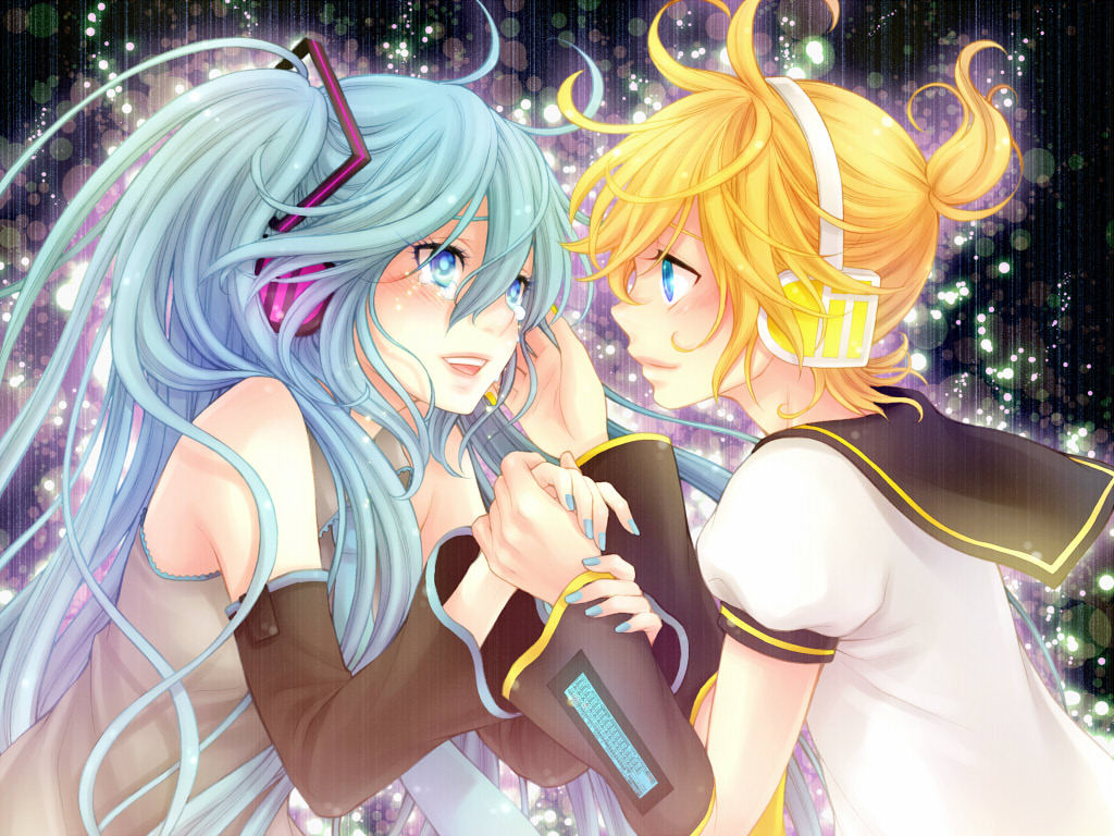 ebira (ruvie), hatsune miku, kagamine len, vocaloid, 1boy, 1girl, aqua eyes, aqua hair, blonde hair, blue eyes, blue nails, detached sleeves, ebira (piapro), headphones, hetero, holding hands, long hair, nail polish, necktie, short hair, smile, tears, twintails, yellow nails