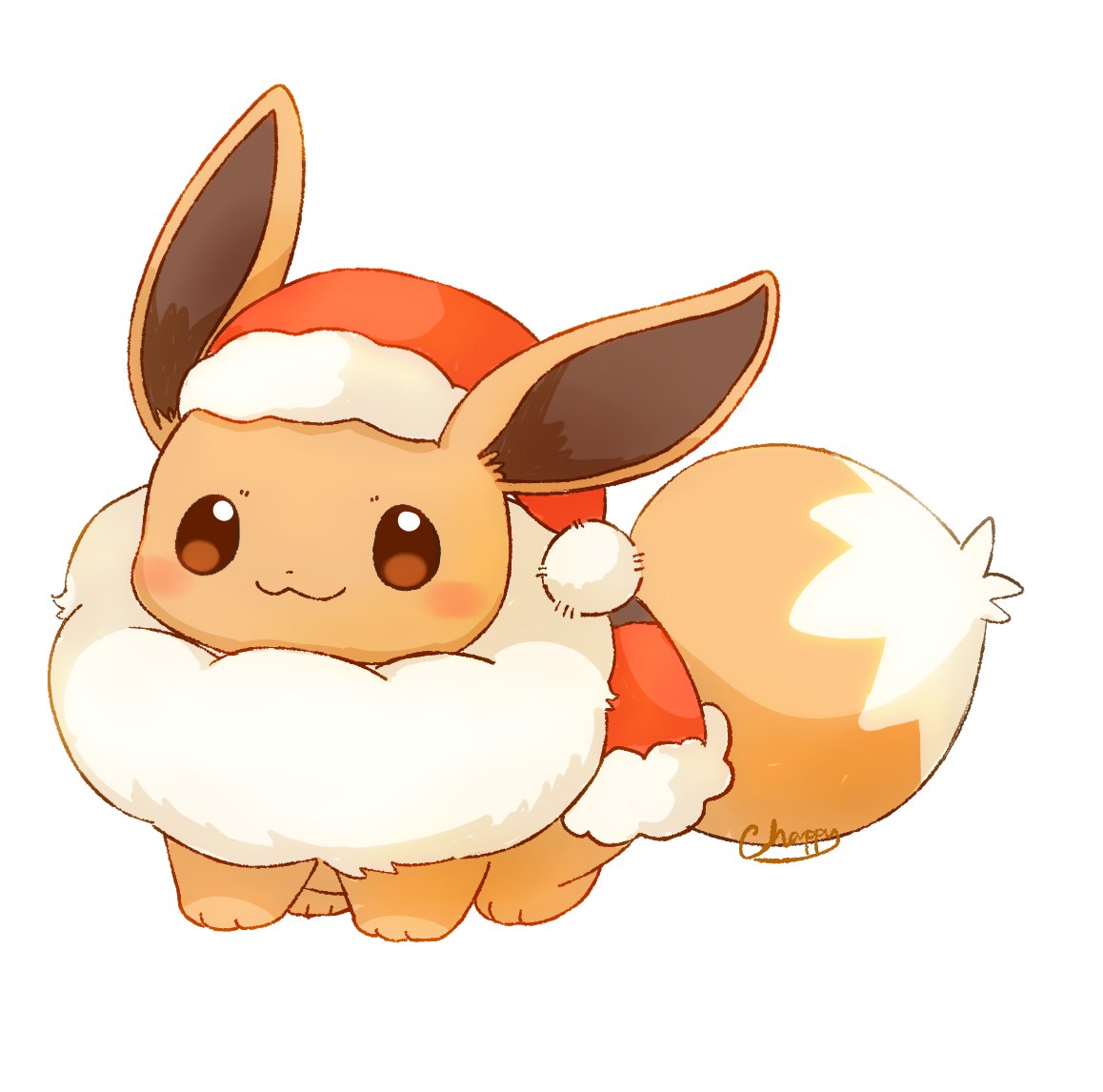 mimix, eevee, nintendo, pokemon, :3, animal focus, blush, brown eyes, brown fur, closed mouth, fluffy, full body, gen 1 pokemon, hat, looking at viewer, no humans, pokemon (creature), pokemon focus, santa hat, simple background, smile, solo, tail, white background