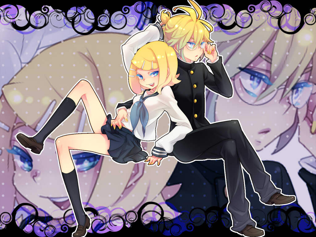 ebira (ruvie), kagamine len, kagamine rin, vocaloid, 1boy, 1girl, alternate costume, back-to-back, blonde hair, blue eyes, brother and sister, ebira (piapro), glasses, hair ornament, hairclip, school uniform, serafuku, short hair, siblings, skirt, smile, socks, twins