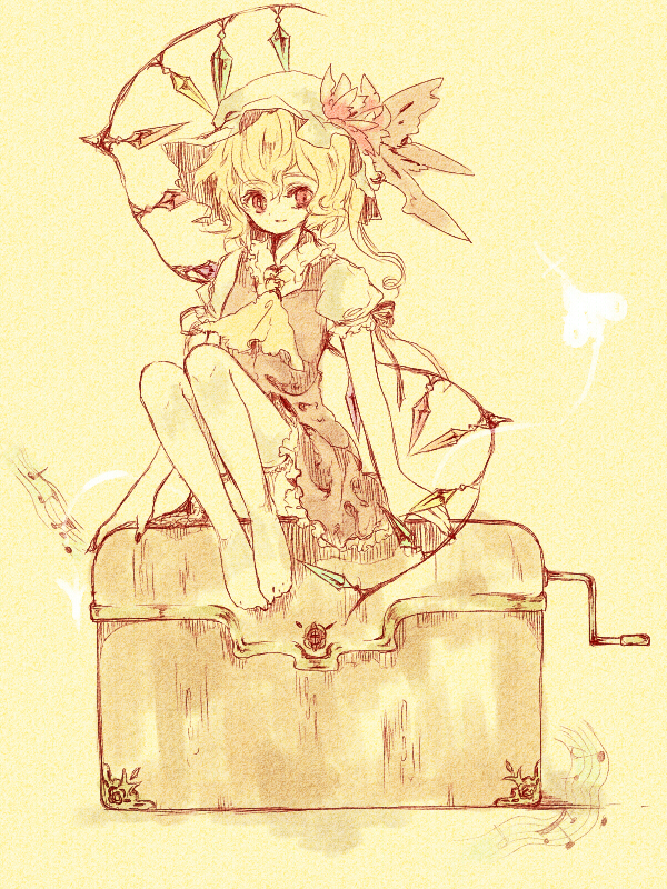 shiina aya, flandre scarlet, touhou, 1girl, arms at sides, ascot, barefoot, beamed quavers, blonde hair, closed mouth, crystal, demon wings, dress, female focus, frilled dress, frilled sleeves, frills, full body, hat, looking at viewer, mob cap, musical note, one side up, pectorals, puffy short sleeves, puffy sleeves, quaver, red dress, red eyes, short sleeves, simple background, smile, solo, thighhighs, treasure chest, white thighhighs, wings, yellow background