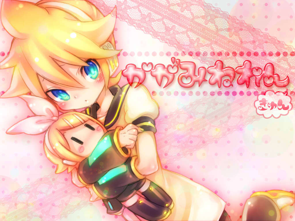 ebira (ruvie), kagamine len, kagamine rin, vocaloid, 1boy, aqua eyes, blonde hair, brother and sister, character doll, chibi, doll, ebira (piapro), hair ornament, hair ribbon, hairclip, headphones, hug, male focus, puppet, ribbon, short hair, siblings, solo, twins