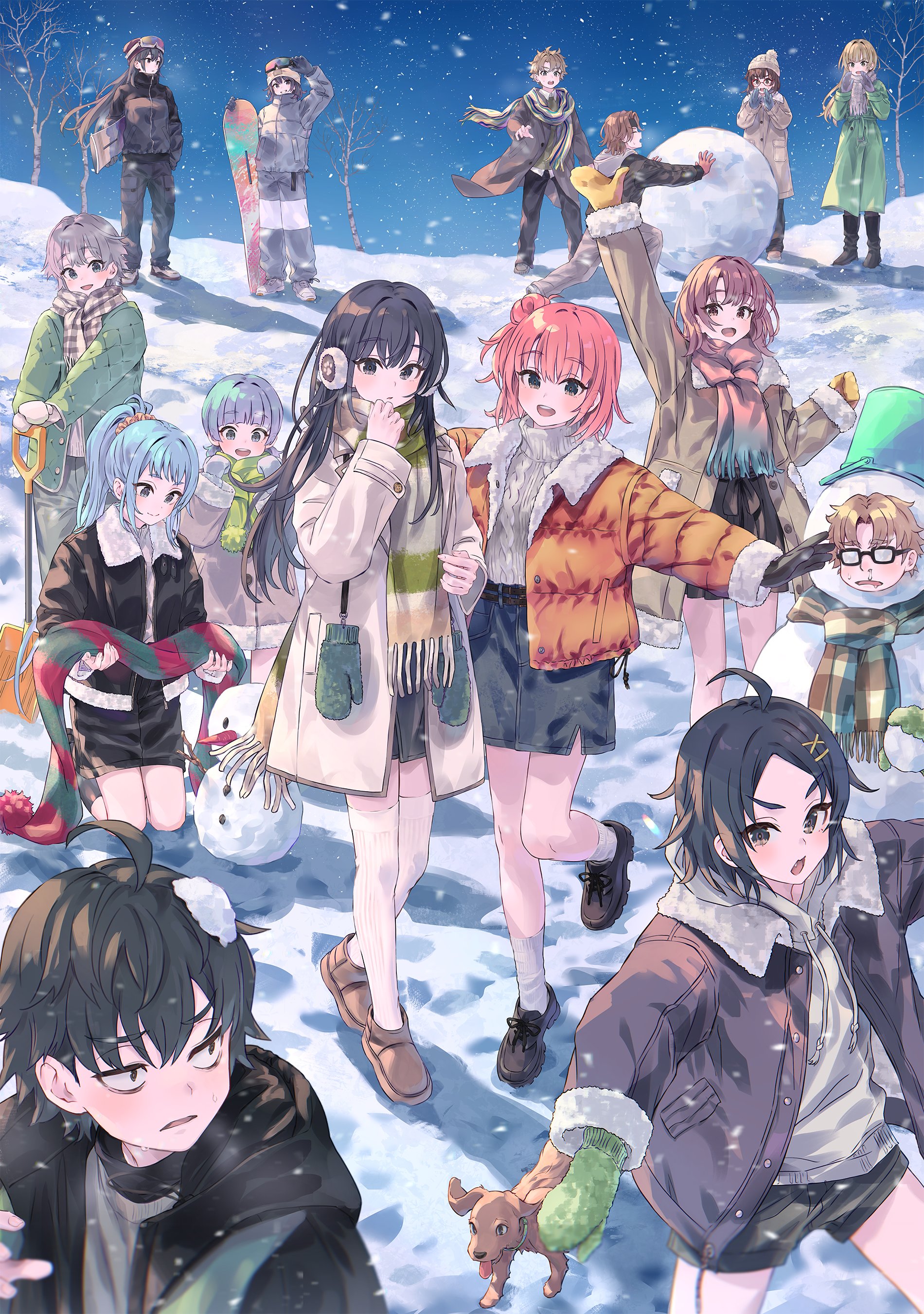 ponkan 8, ebina hina, hayama hayato, hikigaya hachiman, hikigaya komachi, hiratsuka shizuka, isshiki iroha, kawasaki keika, kawasaki saki, miura yumiko, tobe kakeru, totsuka saika, yuigahama yui, yukinoshita haruno, yukinoshita yukino, zaimokuza yoshiteru, yahari ore no seishun lovecome wa machigatteiru., absurdres, commentary, highres, symbol-only commentary, 6+boys, 6+girls, ahoge, aran sweater, beanie, black-framed eyewear, black eyes, black gloves, black hair, black hoodie, black jacket, black shoes, black skirt, blonde hair, blunt bangs, brother and sister, brown hair, brown shoes, bucket, cable knit, coat, dog, drawstring, everyone, gloves, green eyes, green gloves, green jacket, green scarf, grey hair, hair ornament, hairclip, hat, holding, holding shovel, holding snowboard, hood, hoodie, jacket, kneeling, long hair, looking at viewer, medium hair, mittens, multiple boys, multiple girls, official artist extra, orange jacket, parted bangs, pink gloves, pink hair, plaid clothes, plaid scarf, red scarf, scarf, shoes, short hair, shovel, siblings, sisters, skirt, smile, snowball, snowboard, snowing, snowman, socks, standing, striped clothes, striped scarf, sweater, teacher and student, thighhighs, tree, vertical-striped clothes, vertical-striped scarf, very long hair, white scarf, white socks, white thighhighs, winter, x hair ornament, yellow gloves
