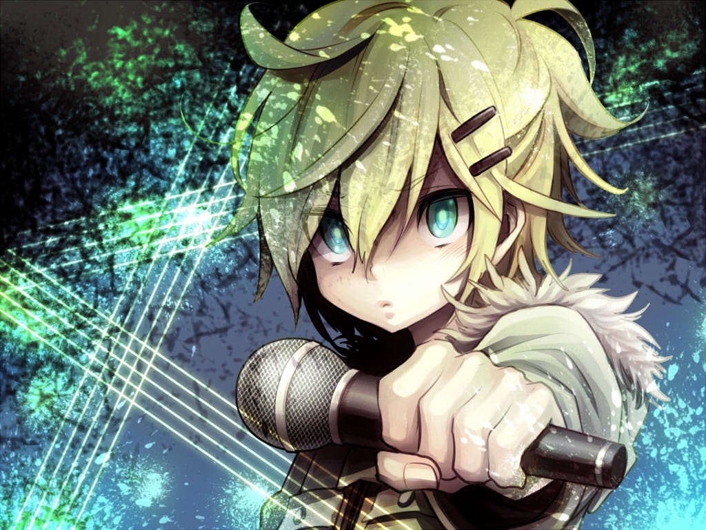 ebira (ruvie), kagamine len, vocaloid, 1boy, aqua eyes, blonde hair, close-up, ebira (piapro), hair ornament, hairclip, male focus, microphone, short hair, solo