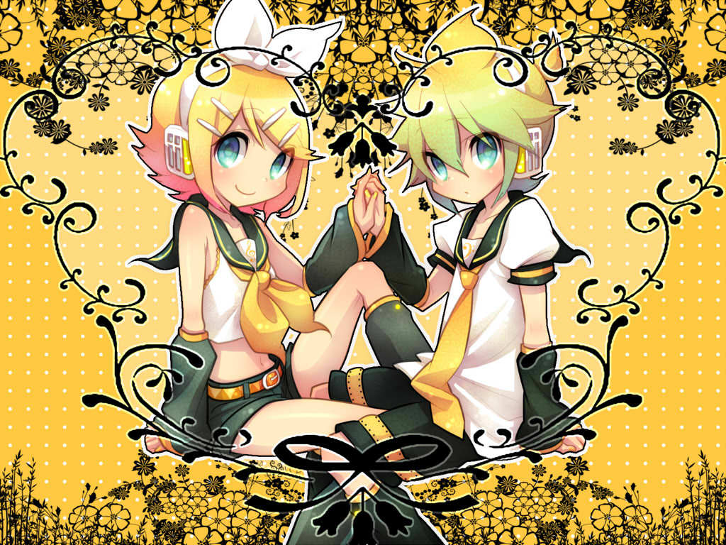 ebira (ruvie), kagamine len, kagamine rin, vocaloid, 1boy, 1girl, aqua eyes, blonde hair, brother and sister, ebira (piapro), hair ornament, hair ribbon, hairclip, headphones, hetero, holding hands, midriff, ribbon, short hair, shorts, siblings, smile, twins