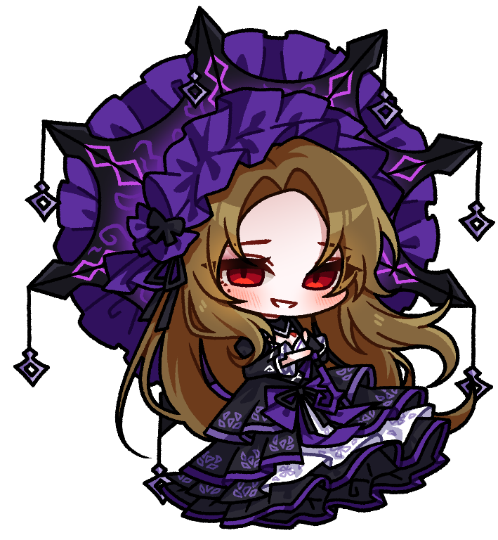 nhom (woogi), rodion (project moon), limbus company, project moon, 1girl, black dress, black ribbon, blush, bonnet, brown hair, dress, frilled dress, frills, hair ribbon, holding, holding umbrella, la manchaland (identity) (project moon), layered dress, long hair, mole, mole under eye, open mouth, parasol, parted bangs, purple bonnet, purple trim, red eyes, ribbon, simple background, smile, solo, umbrella, very long hair, white background