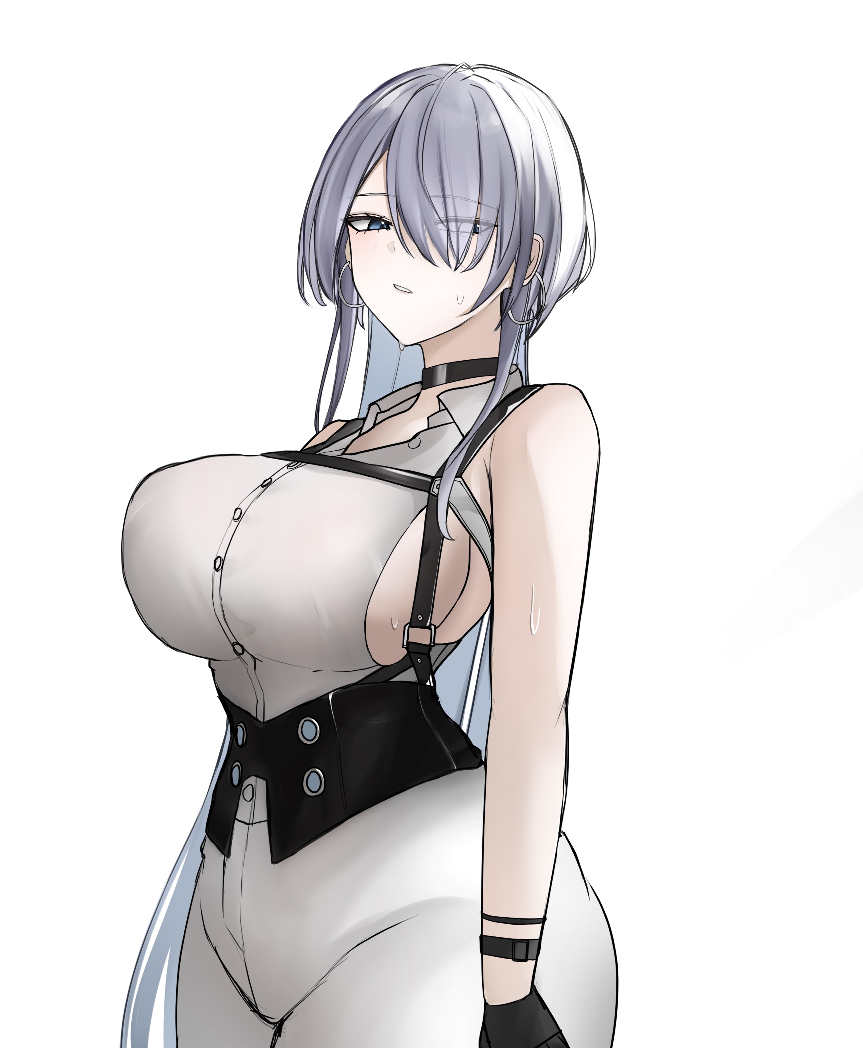 rebanira0330, brid (nikke), brid (silent track) (nikke), goddess of victory: nikke, absurdres, highres, 1girl, bare shoulders, black corset, black gloves, blue eyes, breasts, chest harness, corset, earrings, eyes visible through hair, gloves, hair over one eye, harness, hoop earrings, jewelry, large breasts, long hair, looking to the side, pants, parted lips, sideboob, sideless shirt, simple background, solo, standing, suspenders, sweat, tight clothes, tight pants, very long hair, white background, white pants