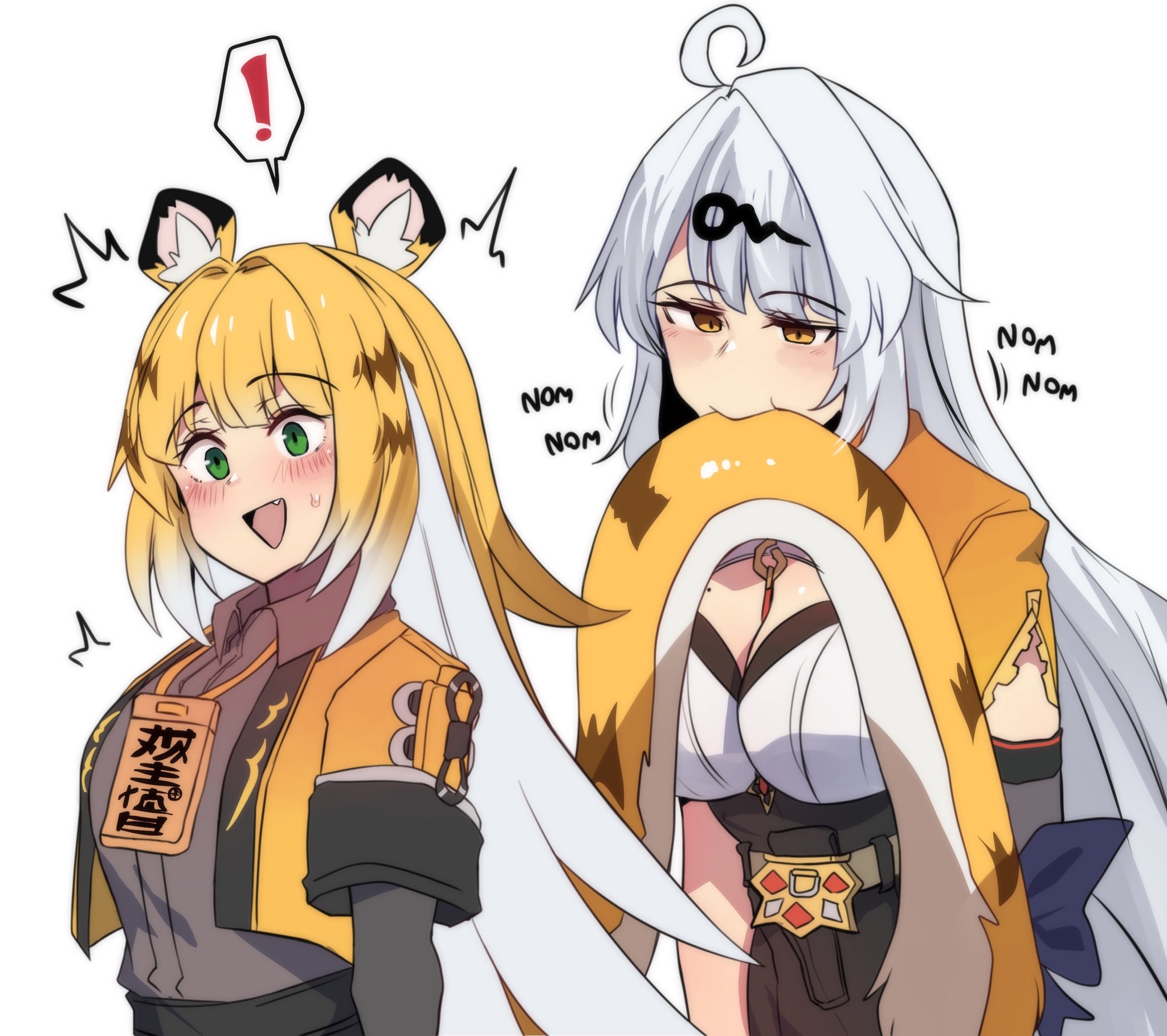 hinghoi, ju fufu, yixuan (zenless zone zero), zenless zone zero, commentary, highres, !, 2girls, :d, ahoge, animal ear fluff, animal ears, biting another's tail, blonde hair, breasts, cleavage, green eyes, hair ornament, hairclip, layered sleeves, long hair, long sleeves, multiple girls, open mouth, orange shirt, shirt, short over long sleeves, short sleeves, simple background, smile, spoken exclamation mark, tail, tiger ears, tiger tail, very long hair, white background, white hair, yellow eyes