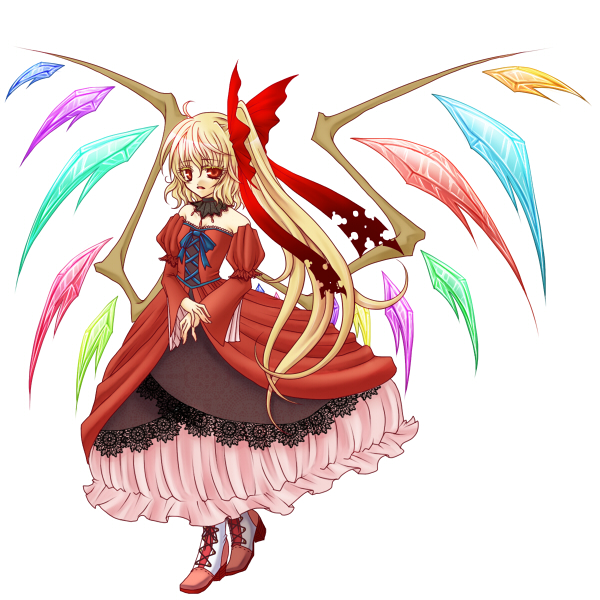 kisaragi you, flandre scarlet, touhou, 1girl, aged up, alternate wings, blonde hair, female focus, long hair, ponytail, red eyes, side ponytail, solo, wings