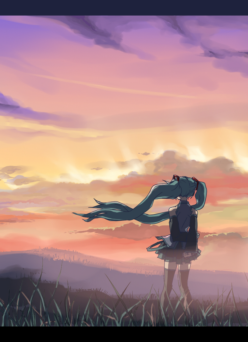 katagiri, hatsune miku, vocaloid, bad id, bad piapro id, 1girl, aqua hair, arm behind back, cloud, detached sleeves, female focus, field, from behind, letterboxed, long hair, skirt, sky, solo, sunset, thighhighs, twintails, very long hair, wind, zettai ryouiki