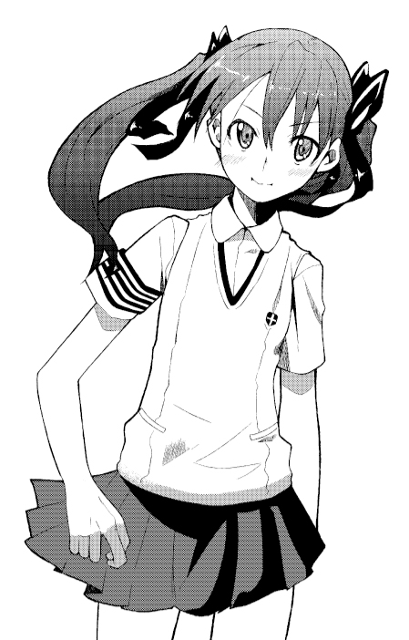 yada ei, shirai kuroko, toaru kagaku no railgun, toaru majutsu no index, 00s, 1girl, female focus, greyscale, monochrome, school uniform, simple background, skirt, solo, twintails