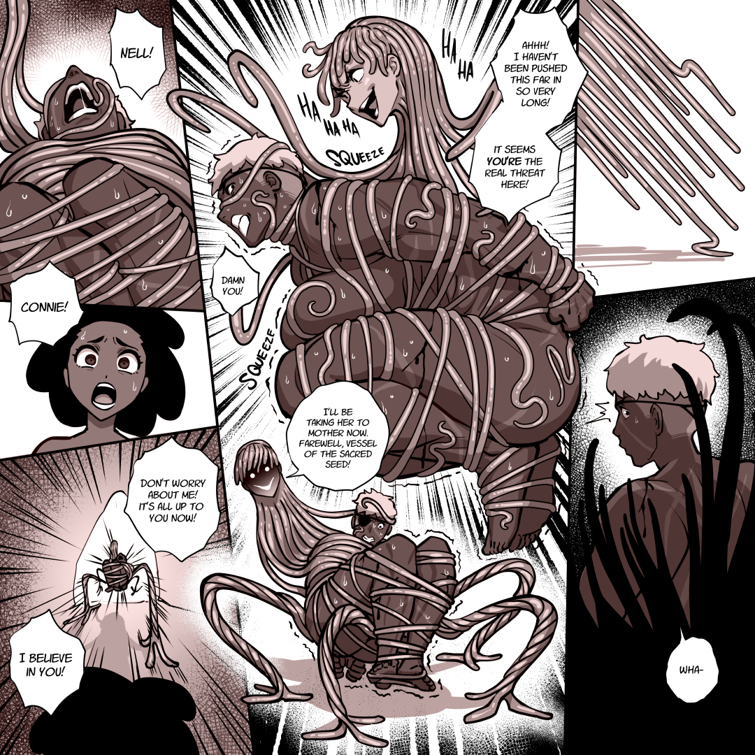 fellatrix, constance (fellatrix), incilius alvarius, nell (fellatrix), angry, bdsm, bondage, bound, completely nude, dark-skinned female, dark skin, evil smile, eyepatch, from behind, kidnapped, muscular, muscular female, nude, scar, scared, scars all over, screaming, short hair, smile, sweat, tentacle hair, tentacles, too many, white eyes, white hair