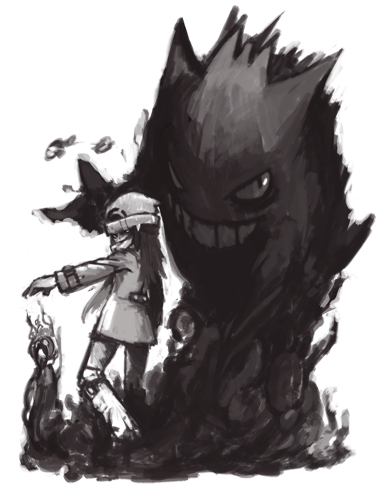 dawn (pokemon), gengar, nintendo, pokemon, highres, epic, gen 1 pokemon, monochrome, monster, pokemon (creature), speed painting