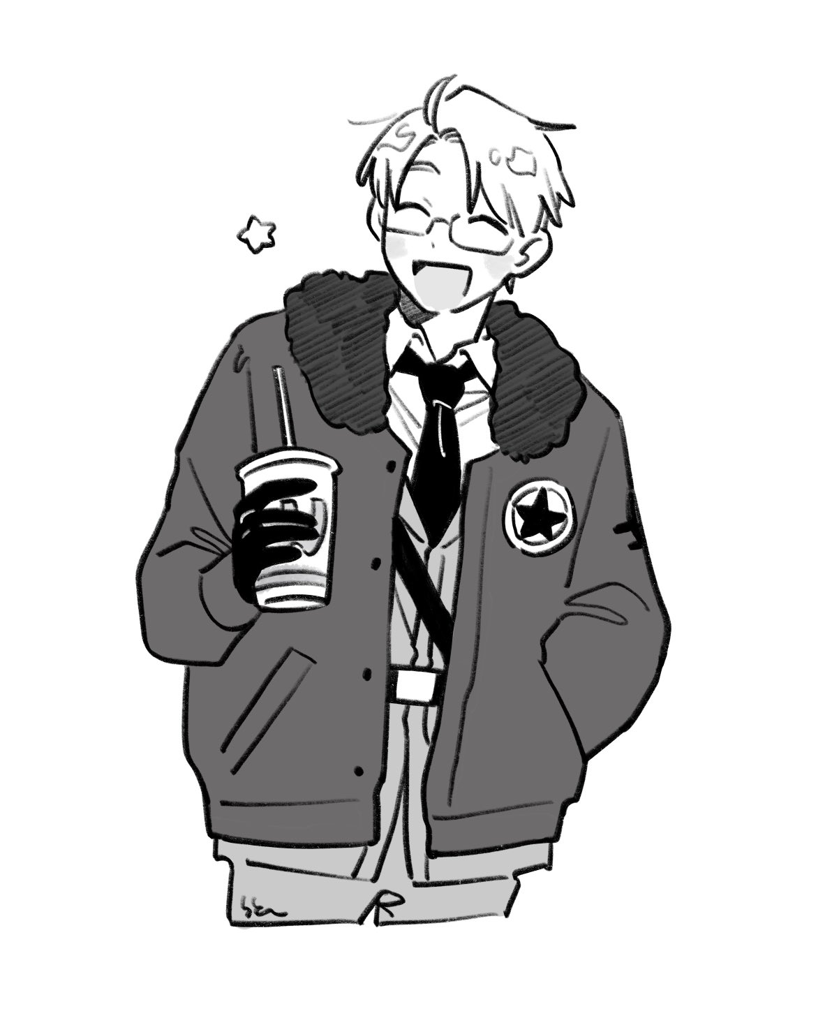 mi aph to, america (hetalia), axis powers hetalia, wcdonald's, commentary request, highres, 1boy, ahoge, belt, blush, buttons, closed eyes, collared shirt, cowboy shot, cup, disposable cup, drinking straw, fur-trimmed jacket, fur trim, glasses, gloves, greyscale, hand in pocket, hand up, holding, holding cup, jacket, lapels, long sleeves, male focus, military, military jacket, military uniform, monochrome, necktie, open mouth, pants, puffy long sleeves, puffy sleeves, semi-rimless eyewear, shirt, short hair, simple background, smile, solo, standing, star (symbol), star print