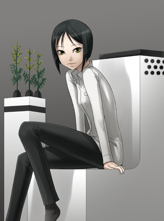 zou azarashi, original, black hair, bob cut, dress shirt, plant, shirt, short hair, sitting, solo, yellow eyes