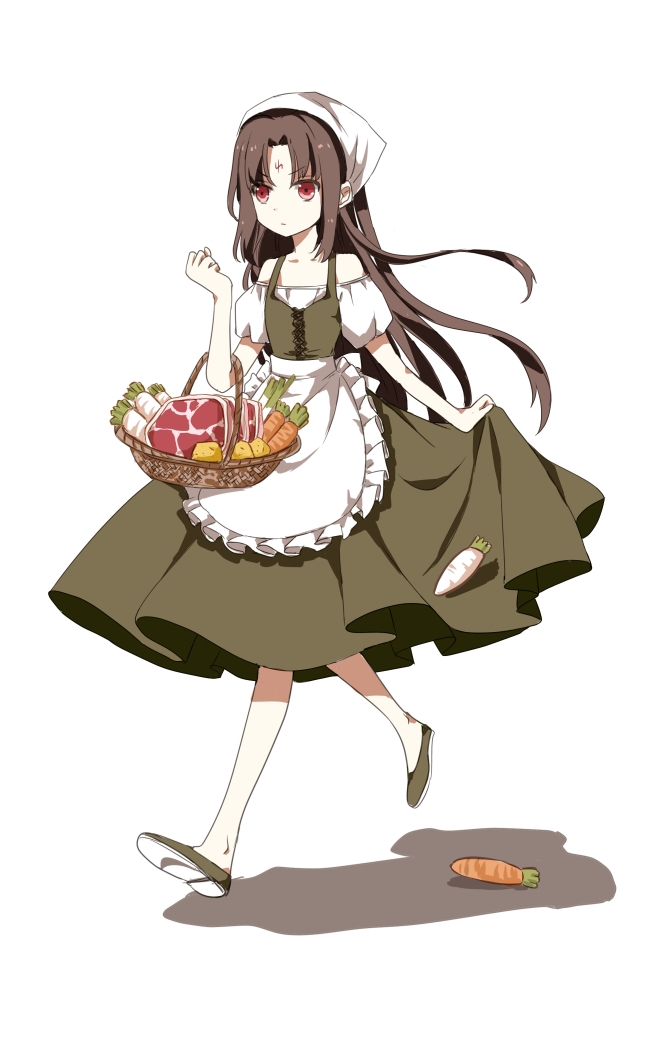 soren (fire emblem), fire emblem, fire emblem: path of radiance, nintendo, commentary request, 1boy, alternate costume, apron, bare shoulders, basket, black hair, carrot, crossdressing, crossdressing (mtf), daikon, dress, facial mark, food, forehead mark, full body, long hair, male focus, mana (tonyandtony), meat, radish, red eyes, solo, spring onion, white apron