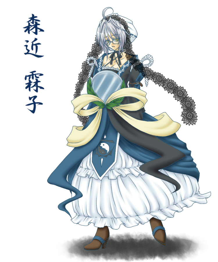 kisaragi you, morichika rinko, morichika rinnosuke, touhou, silver hair, gender request, 1girl, ahoge, choker, female focus, genderswap, glasses, gothic lolita, hat, high heels, lolita fashion, ribbon, shoes, short hair, solo, white background, yellow eyes, yin yang