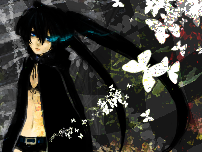 acht25, black rock shooter (character), black rock shooter, bad id, bad pixiv id, 10s, 1girl, bikini, bikini top only, black hair, blue eyes, bug, butterfly, coat, female focus, glowing, glowing eyes, insect, long hair, midriff, shorts, solo, swimsuit, twintails, very long hair