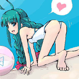 me-tan, os-tan, lowres, ass, braid, green hair, heart, loli, swimsuit, twin braids