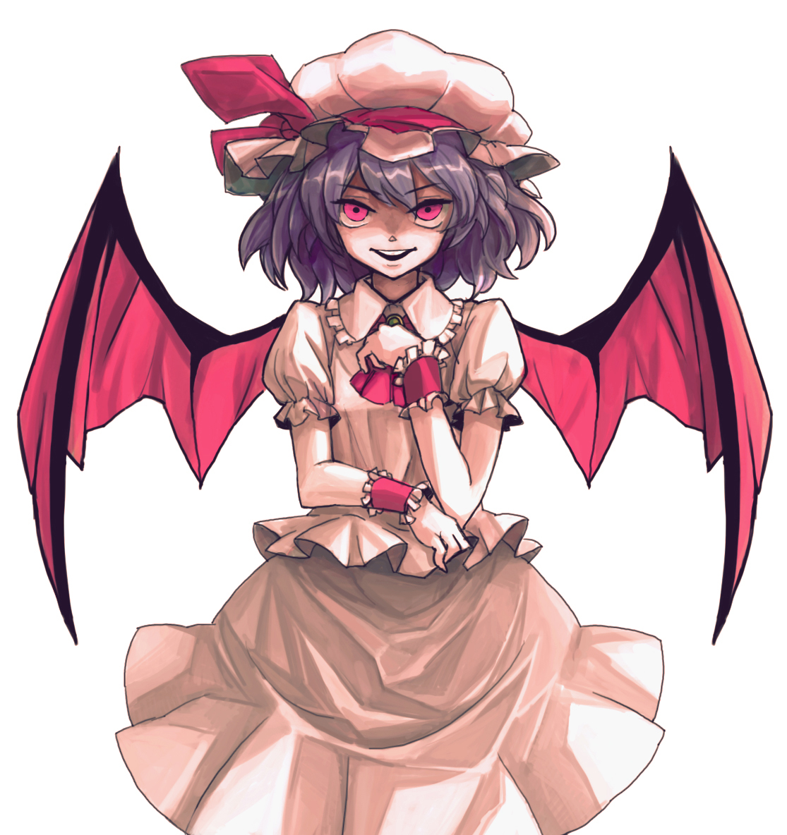 mitsuki32k, remilia scarlet, touhou, bad id, bad pixiv id, 1girl, bat wings, female focus, hand on another's chest, hand on own chest, hat, purple hair, red eyes, short hair, solo, wings, wrist cuffs