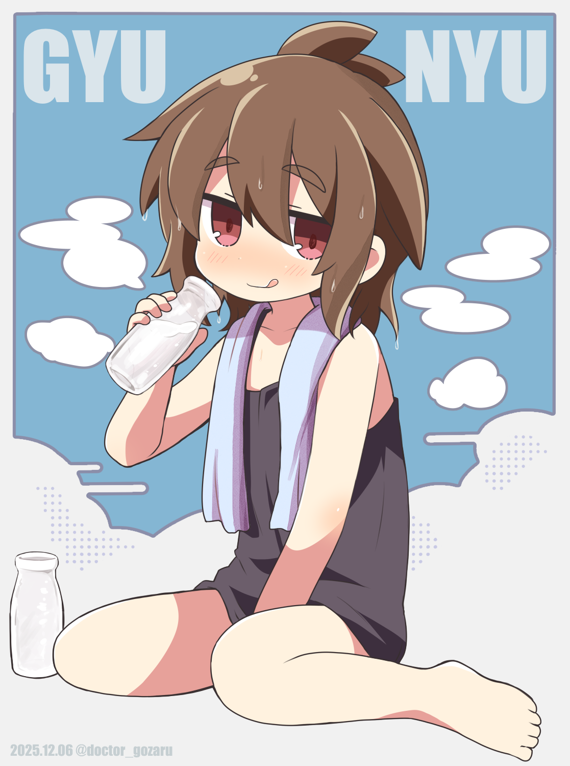 dokuta, original, commentary request, highres, 1boy, :q, barefoot, black tank top, blush, bottle, brown hair, closed mouth, dokuta (dokuta), glass bottle, hair between eyes, holding, holding bottle, looking at viewer, male focus, medium hair, milk, milk bottle, red eyes, romaji text, sitting, solo, tank top, thick eyebrows, toes, tongue, tongue out, towel, towel around neck, trap, wariza