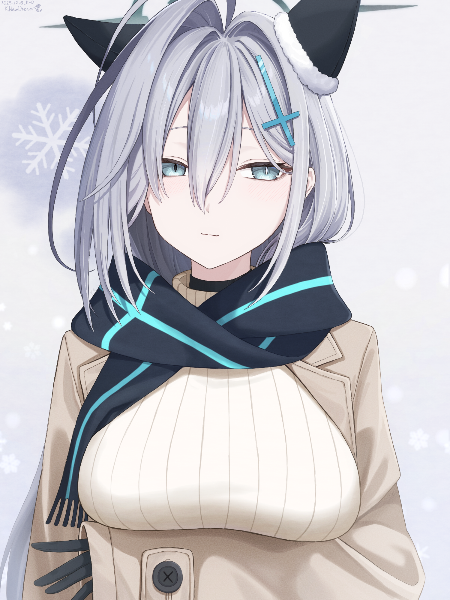 k-d, shiroko terror (blue archive), blue archive, commentary request, highres, 1girl, artist name, black gloves, blue eyes, breasts, coat, cross hair ornament, dated, ear covers, gloves, grey hair, hair between eyes, hair ornament, large breasts, long hair, long sleeves, looking at viewer, mismatched pupils, scarf, sleeves past wrists, snowflakes, solo, upper body