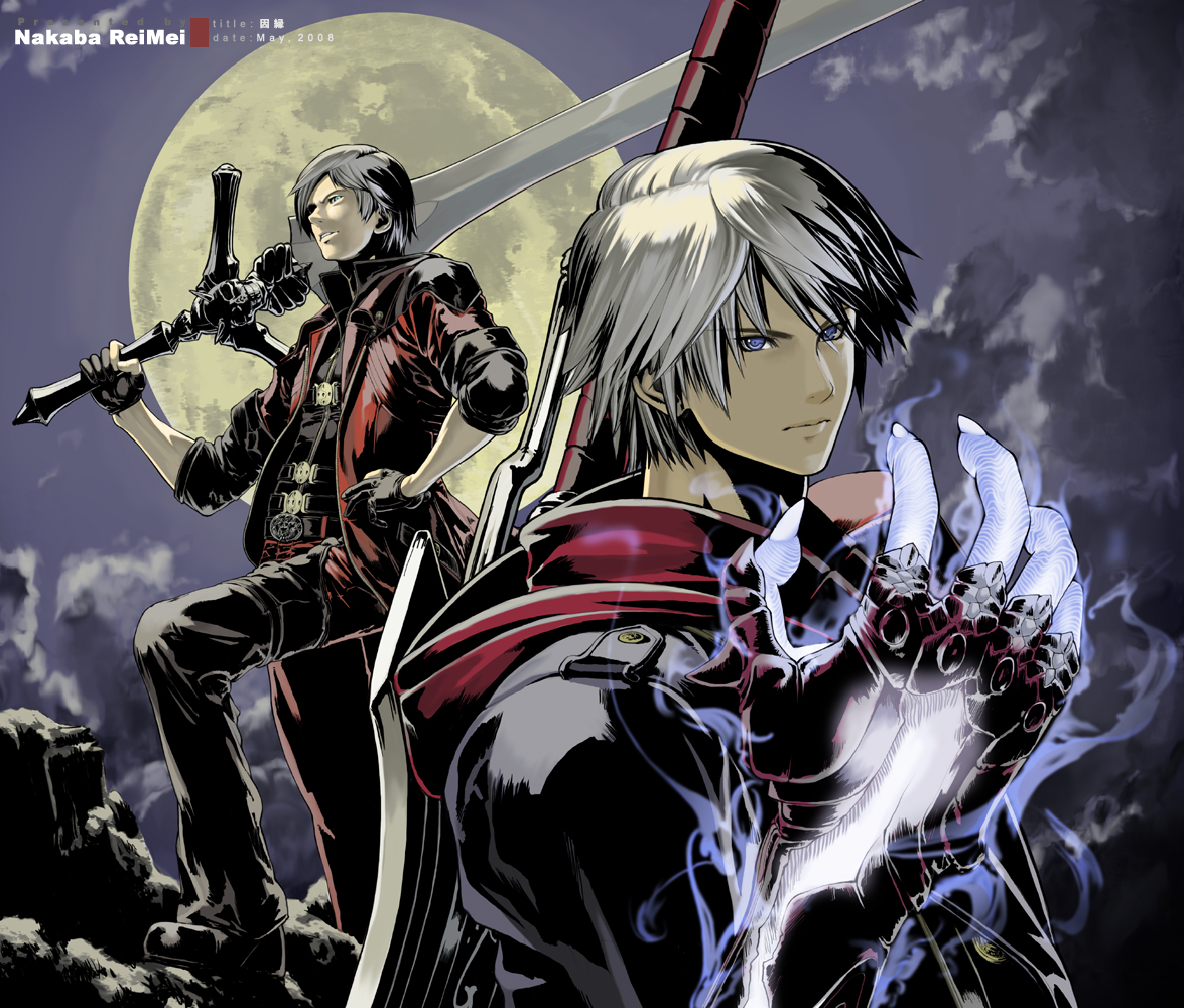 nakabayashi reimei, dante (devil may cry), nero (devil may cry), rebellion (sword), capcom, devil may cry, devil may cry (series), devil may cry 4, silver hair, 00s, 2boys, artistic error, blue eyes, devil bringer, foreshortening, gloves, male focus, moon, multiple boys, red queen (sword), sword, weapon