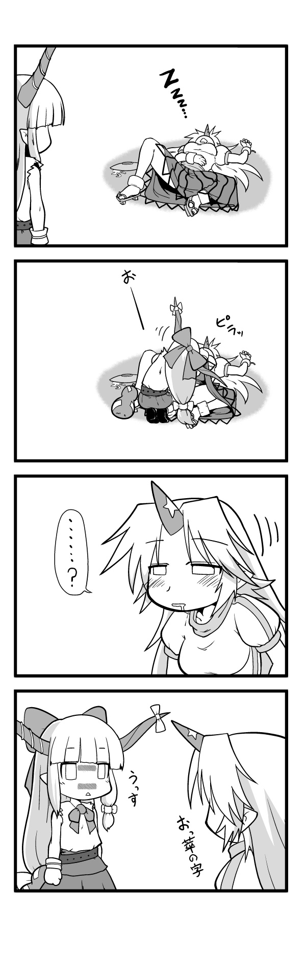 iwatobi hiro, hoshiguma yuugi, ibuki suika, touhou, highres, long image, tall image, 2girls, 4koma, clothes lift, comic, female focus, greyscale, horns, long hair, monochrome, multiple girls, single horn, skirt, skirt lift, sleeping