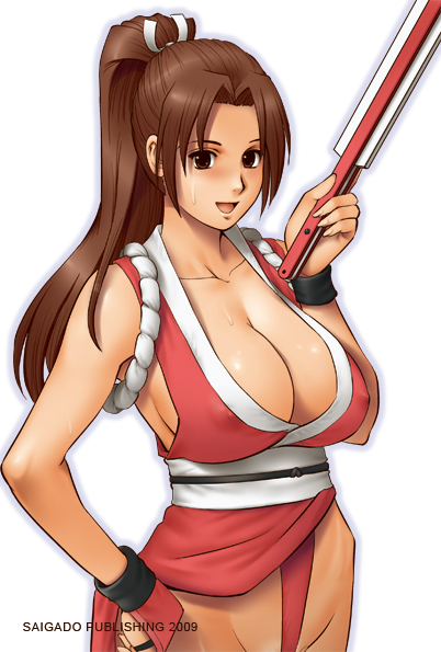 saigado, shiranui mai, fatal fury, snk, the king of fighters, 1girl, breasts, brown eyes, brown hair, cleavage, covered erect nipples, female focus, folded fan, folding fan, hand fan, huge breasts, japanese clothes, long hair, open mouth, pelvic curtain, ponytail, revealing clothes, sideboob, solo, sweat