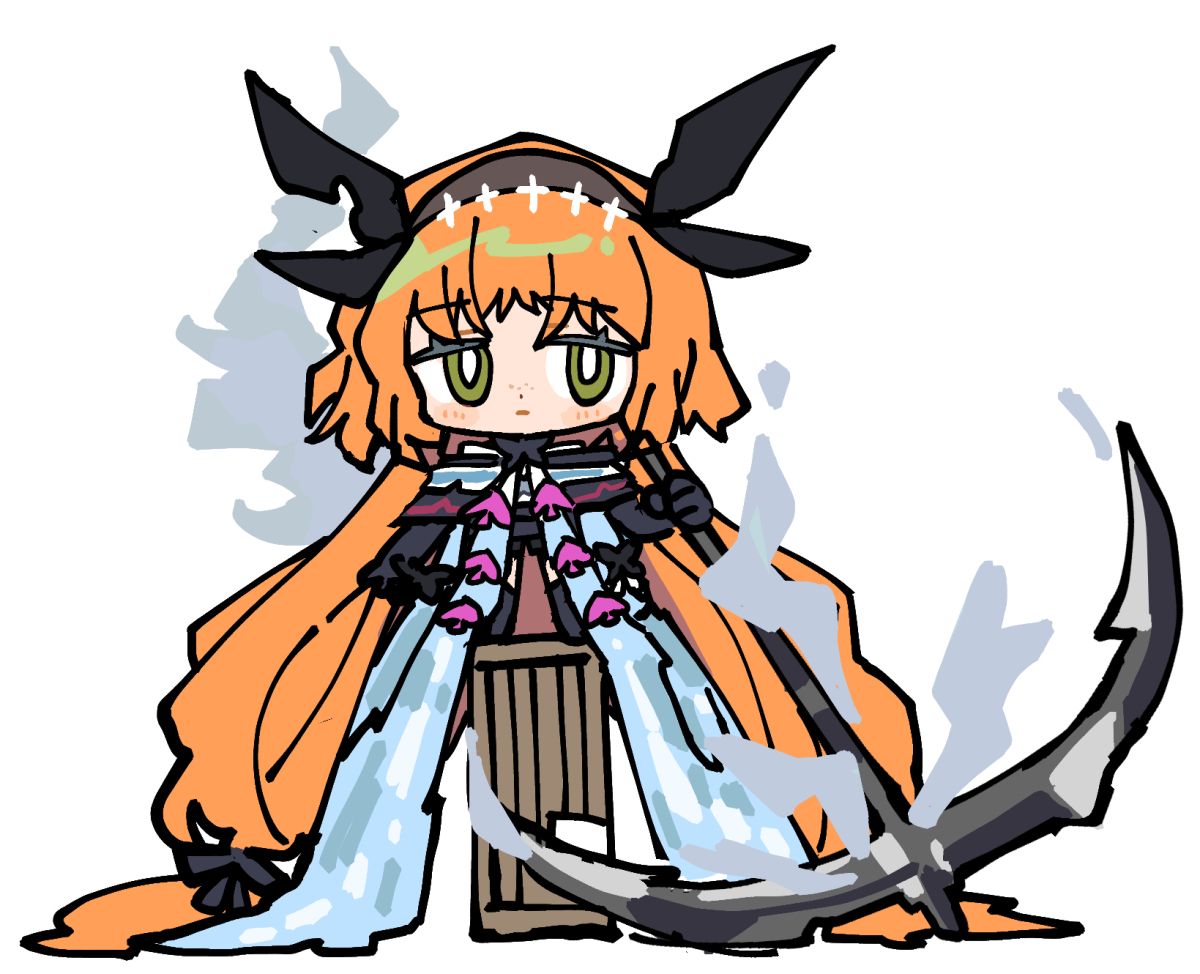 pinch (nesume), ishmael (project moon), arknights, limbus company, project moon, 1girl, absurdly long hair, black ribbon, blush, brown hairband, chibi, closed mouth, e.g.o (project moon), freckles, green eyes, hair ribbon, hairband, huge weapon, long hair, orange hair, ribbon, solo, tidal elegy (e.g.o), very long hair, weapon