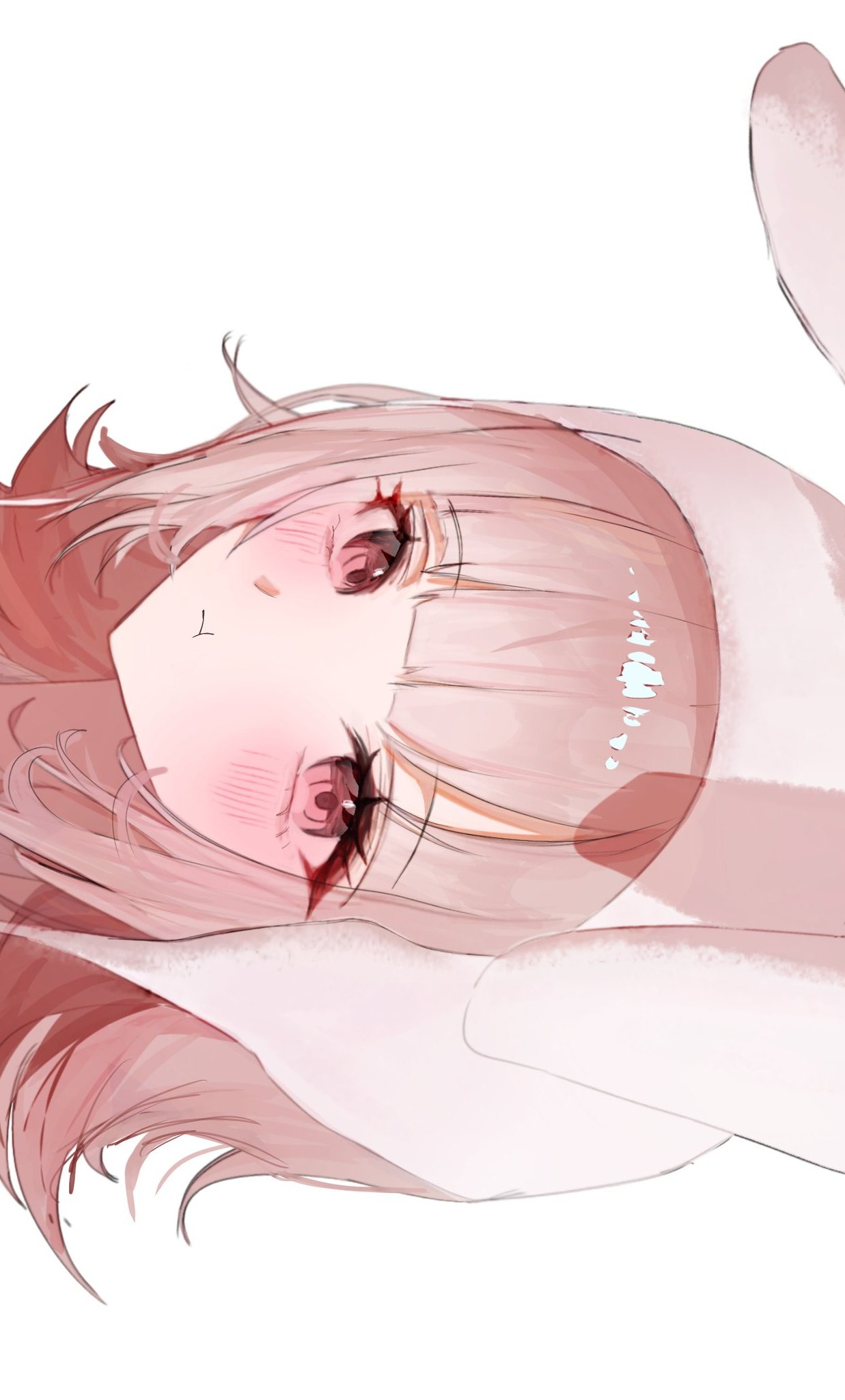 nanami chiaki, danganronpa (series), danganronpa 2: goodbye despair, highres, 1girl, animal ears, animal hood, blush, brown hair, dodong-i, hood, looking at viewer, medium hair, pink eyes, pout, rabbit ears, rabbit hood, sideways, simple background, solo, white background