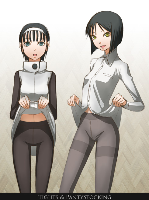 zou azarashi, original, black legwear, black hair, blue eyes, bob cut, clothes lift, crotch seam, dress shirt, hairband, midriff, pantyhose, shirt, shirt lift, short hair, smile, thigh gap, thighband pantyhose, thighs, yellow eyes