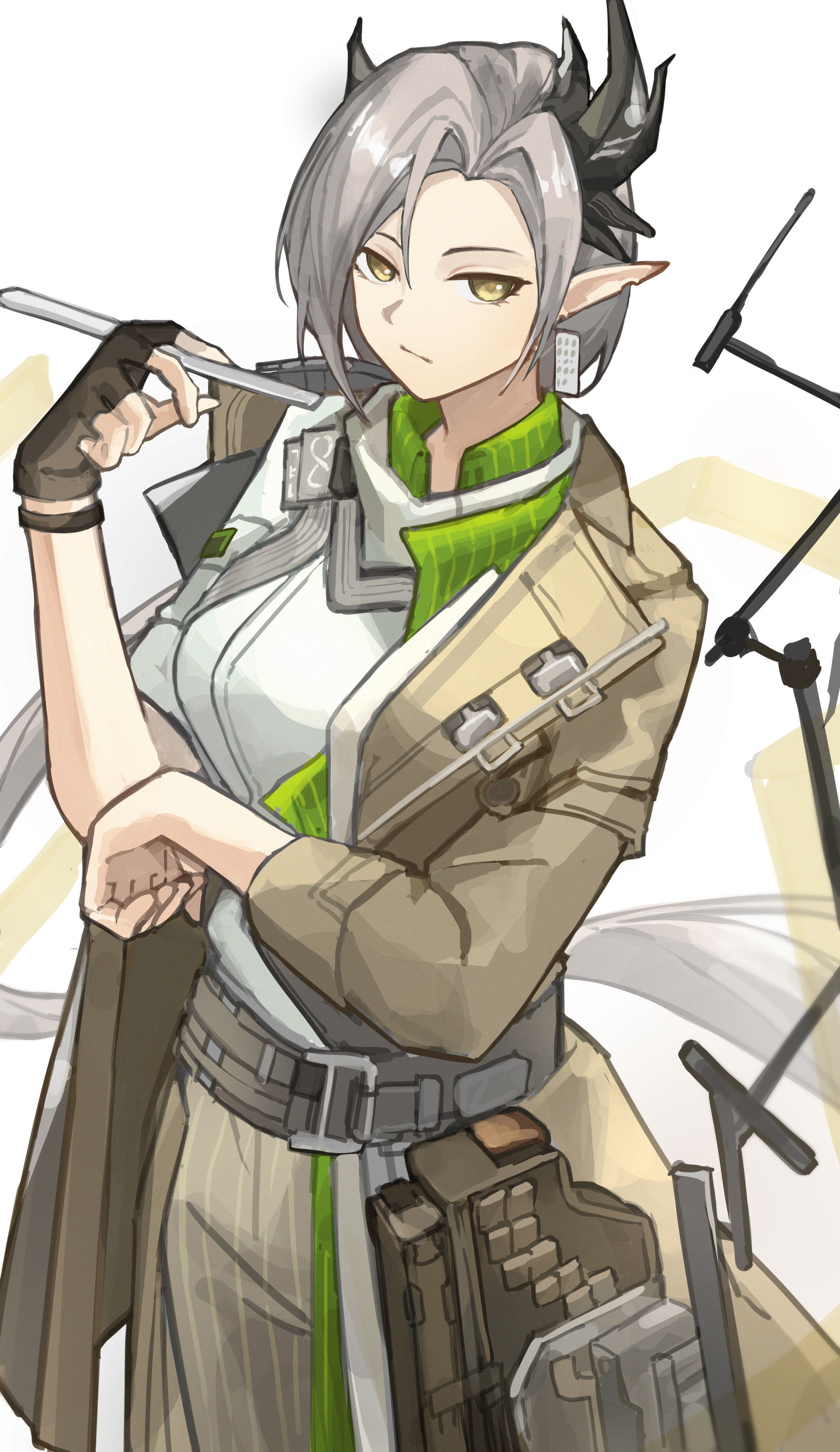 yagi000, nasti (arknights), arknights, absurdres, commentary request, highres, 1girl, belt, black belt, coat, cow, cowboy shot, earrings, expressionless, fingerless gloves, gloves, grey hair, hand up, holding, horns, jewelry, machine, medium hair, pointy ears, shirt, single earring, single glove, solo, white background, yellow eyes