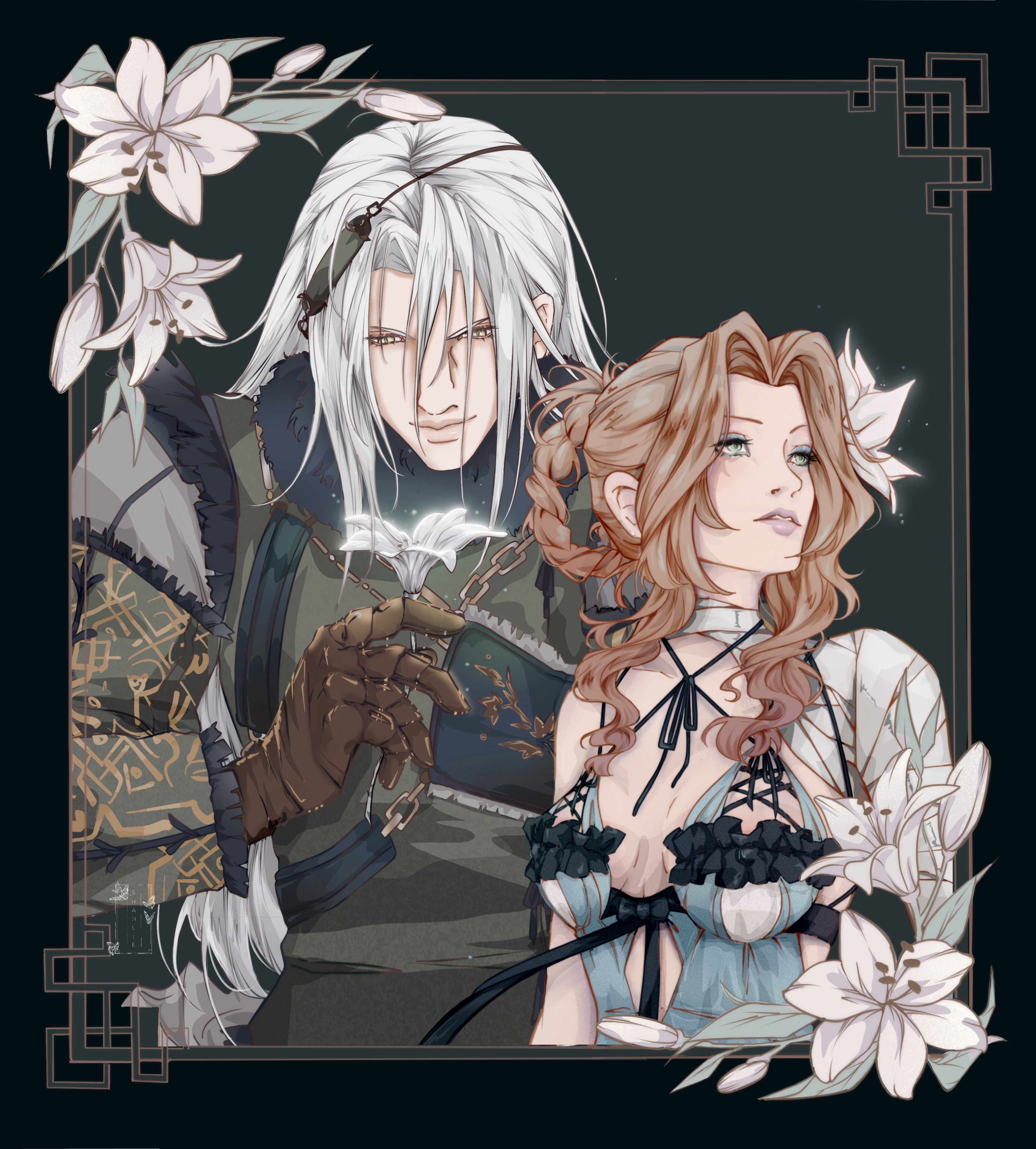 shanlieart, aerith gainsborough, kaine (nier), nier (brother), sephiroth, final fantasy, final fantasy vii, final fantasy vii: ever crisis, absurdres, highres, 1boy, 1girl, bandaged arm, bandaged neck, bandages, black bow, blue eyeshadow, blue negligee, bow, braid, braided hair rings, breasts, brown hair, chain, cleavage, closed mouth, coat, cosplay, eyeshadow, flower, fur-trimmed coat, fur trim, green eyes, grey hair, hair between eyes, hair rings, holding, holding flower, kaine (nier) (cosplay), lily (flower), long hair, makeup, male focus, medium breasts, metal gloves, nier (brother) (cosplay), official alternate costume, parted bangs, parted lips, sidelocks, single bare shoulder, upper body, white eyes, white flower